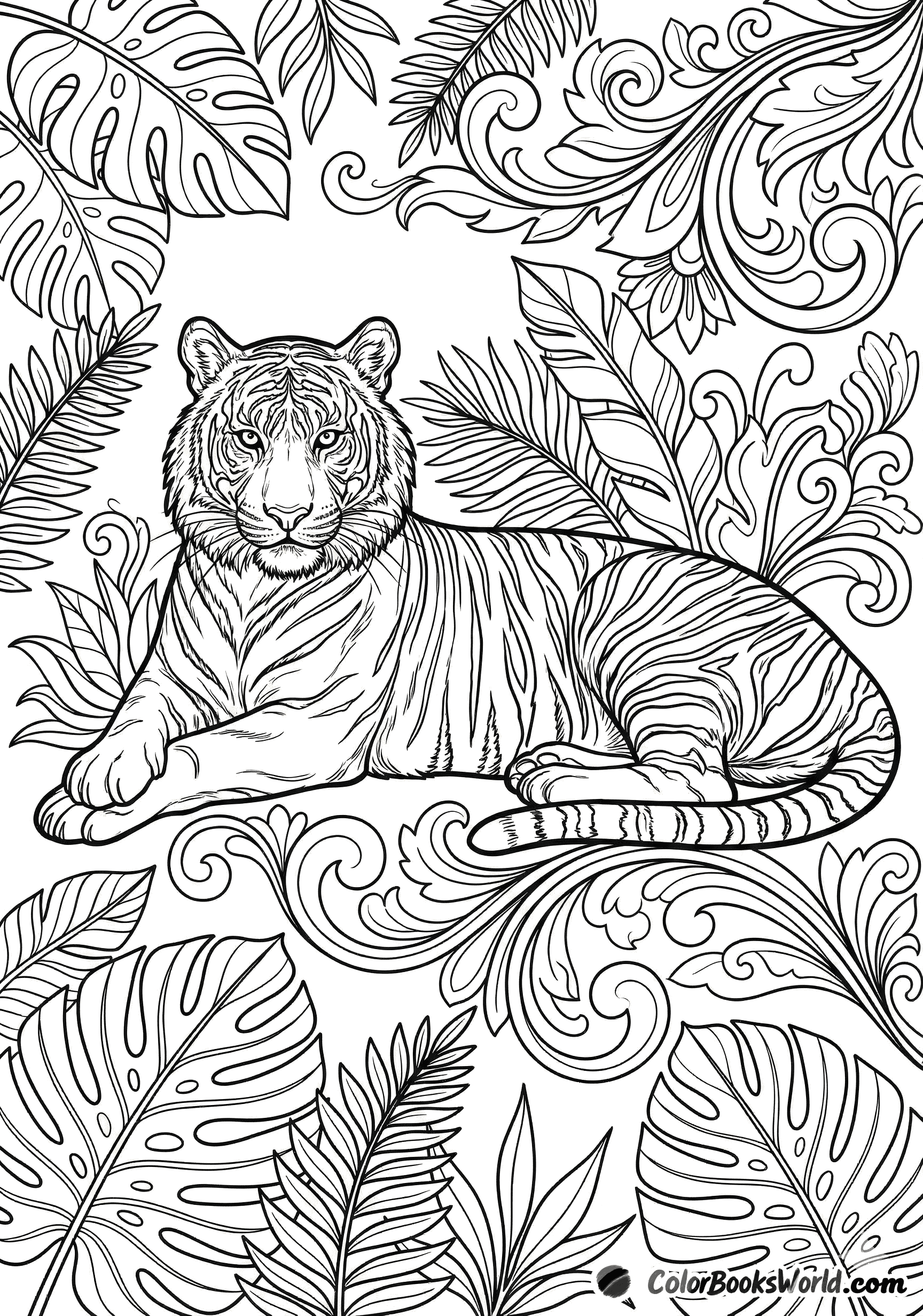 A detailed tiger reclining among large jungle leaves with stylized floral ornaments.