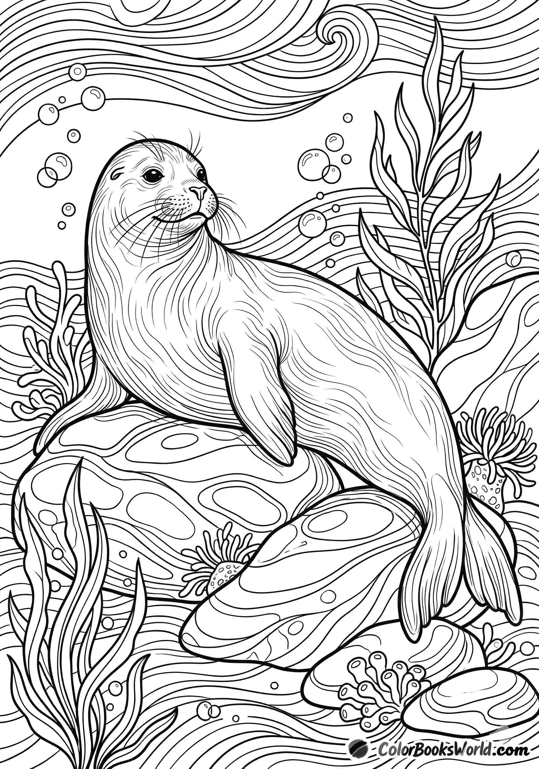 A relaxed seal lies on smooth coastal rocks, surrounded by flowing waves and sea plants.