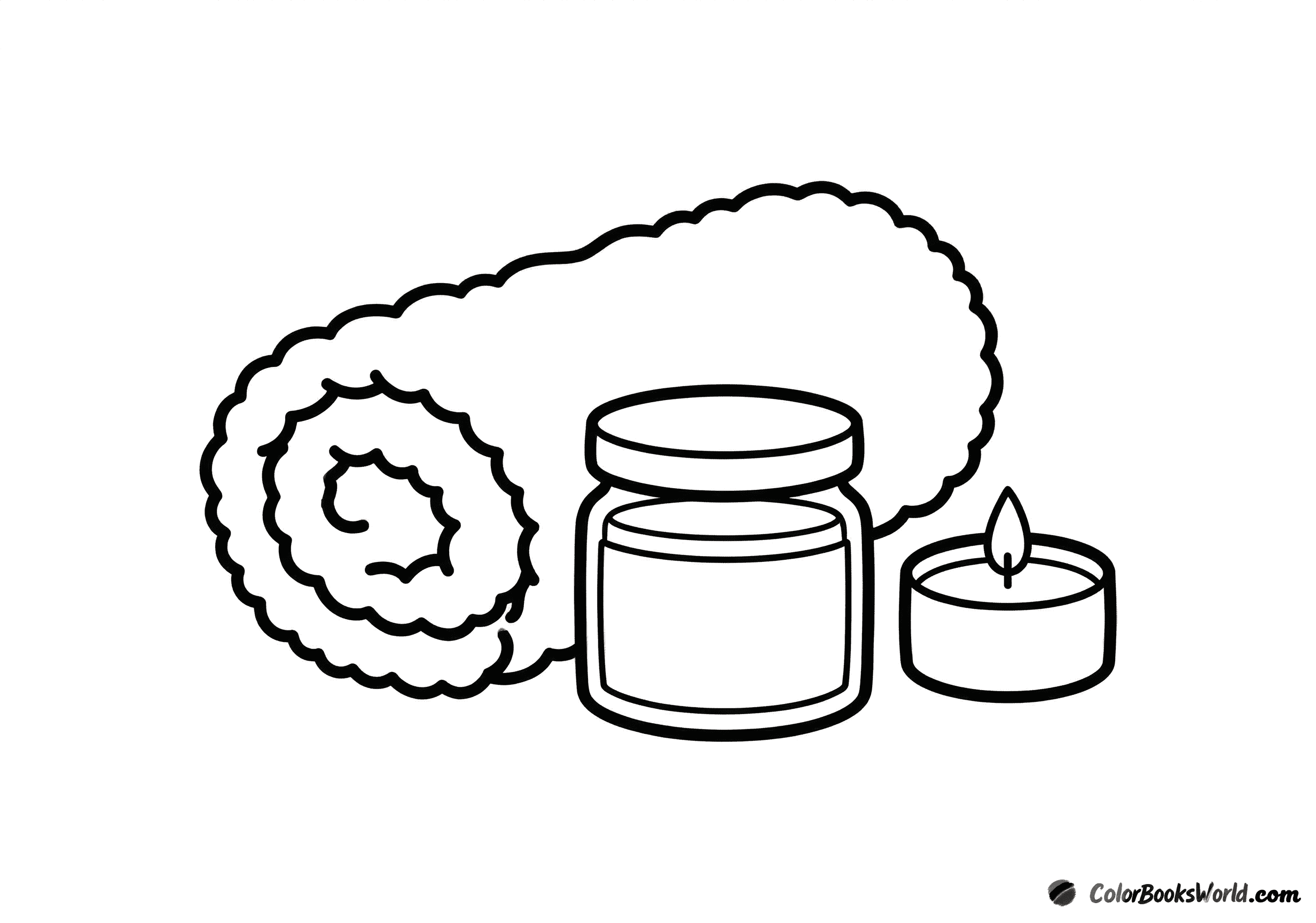A rolled towel, a small cream jar, and a lit tea light candle arranged like a spa set.