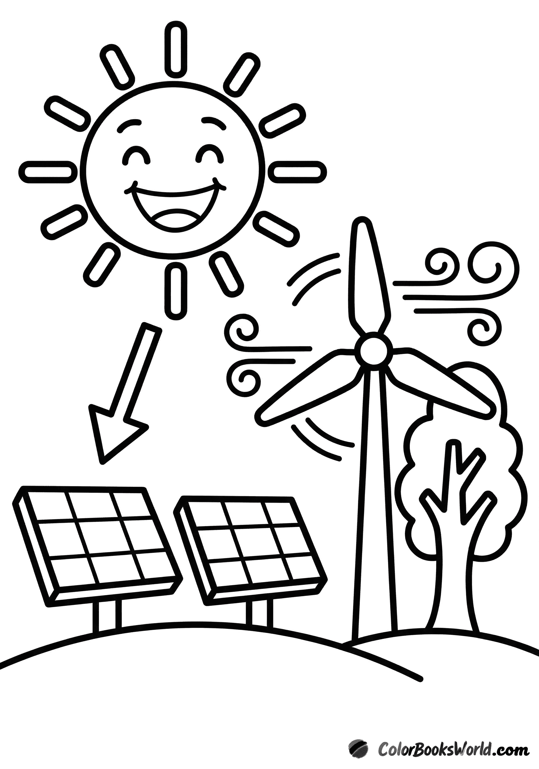 A smiling sun shines on solar panels beside a wind turbine and a tree on a grassy hill.