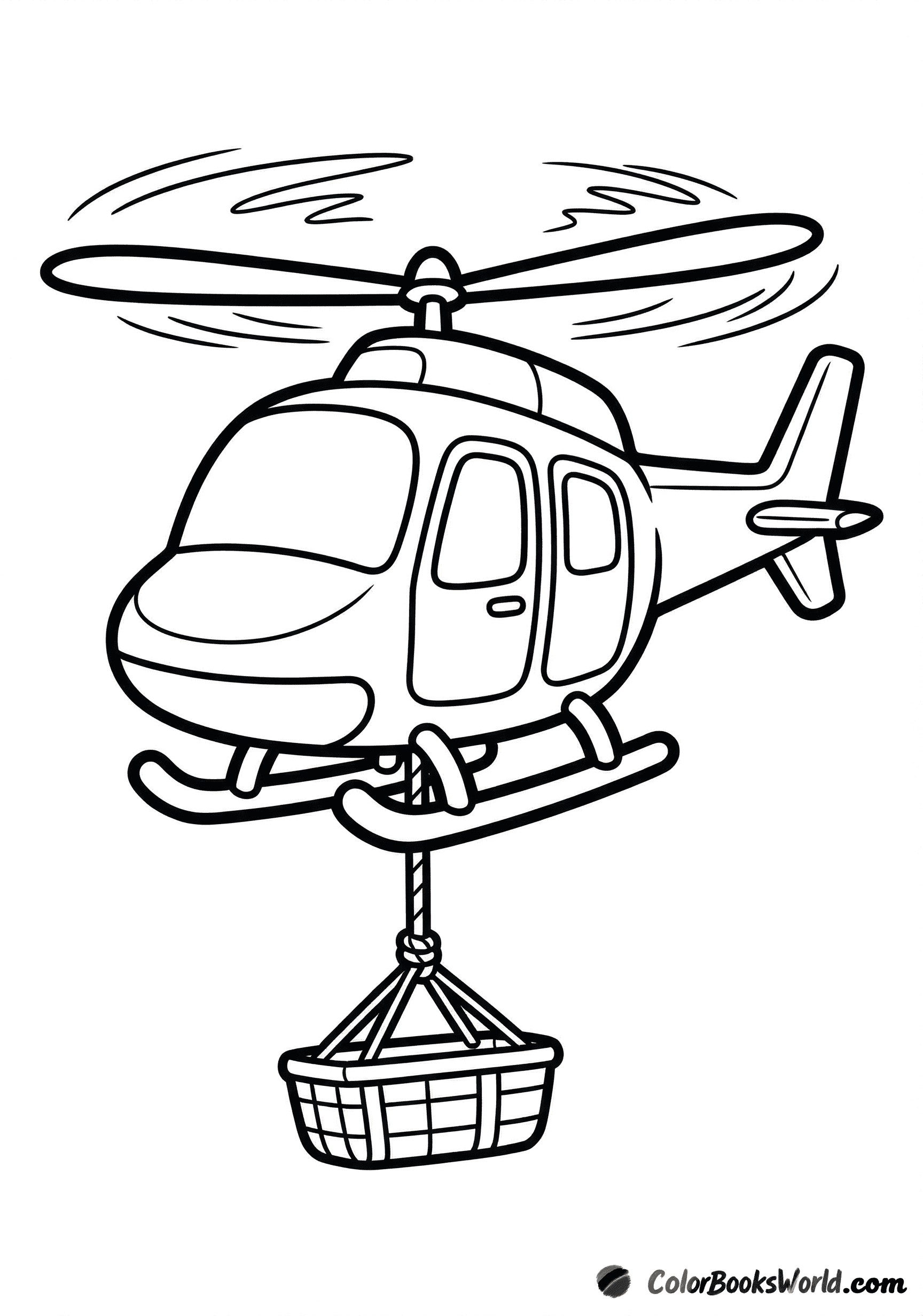 Cartoon rescue helicopter flying with a rescue basket hanging from a rope.