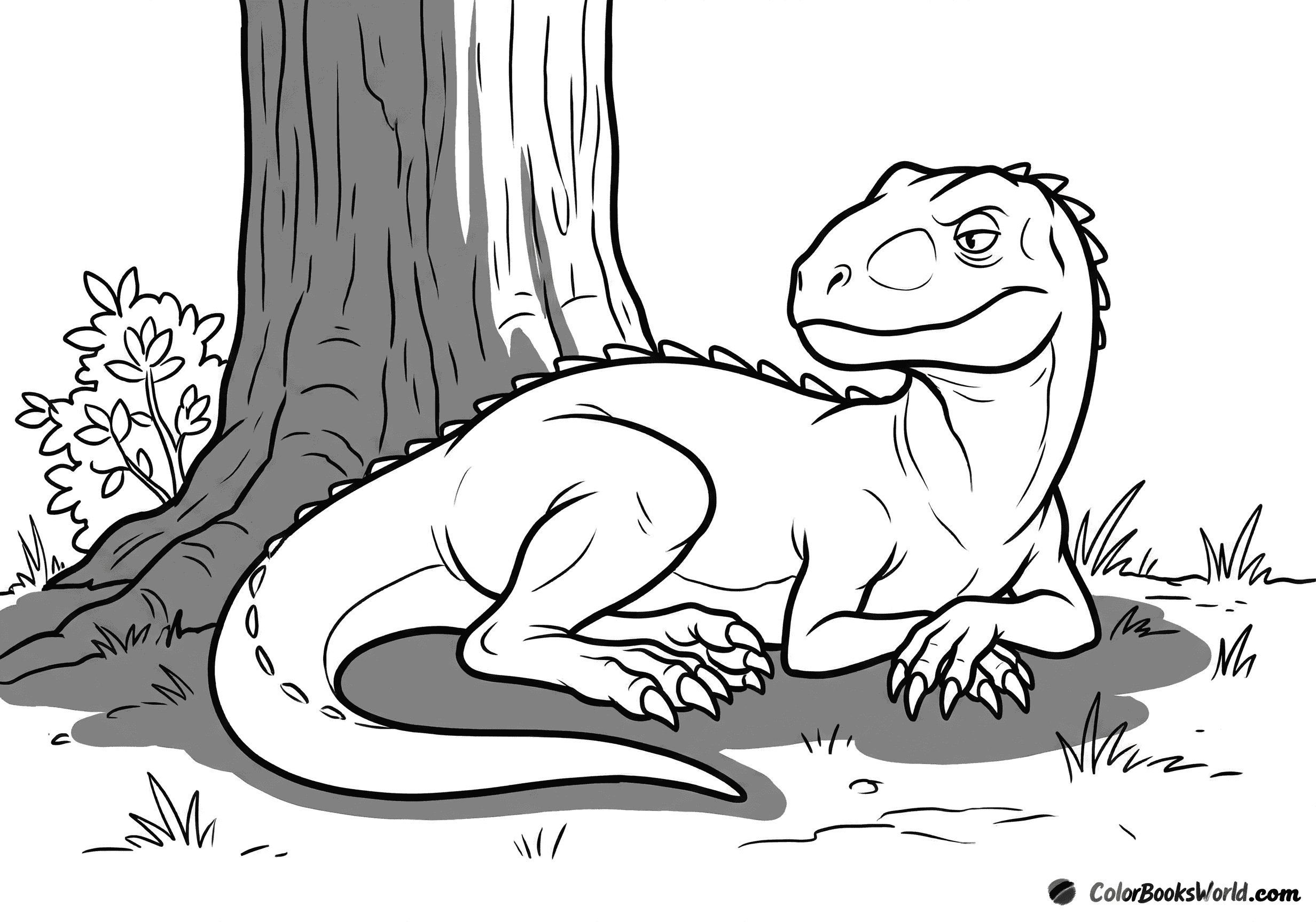 Cartoon Indominus Rex resting on the ground beside a large tree trunk and a small bush.