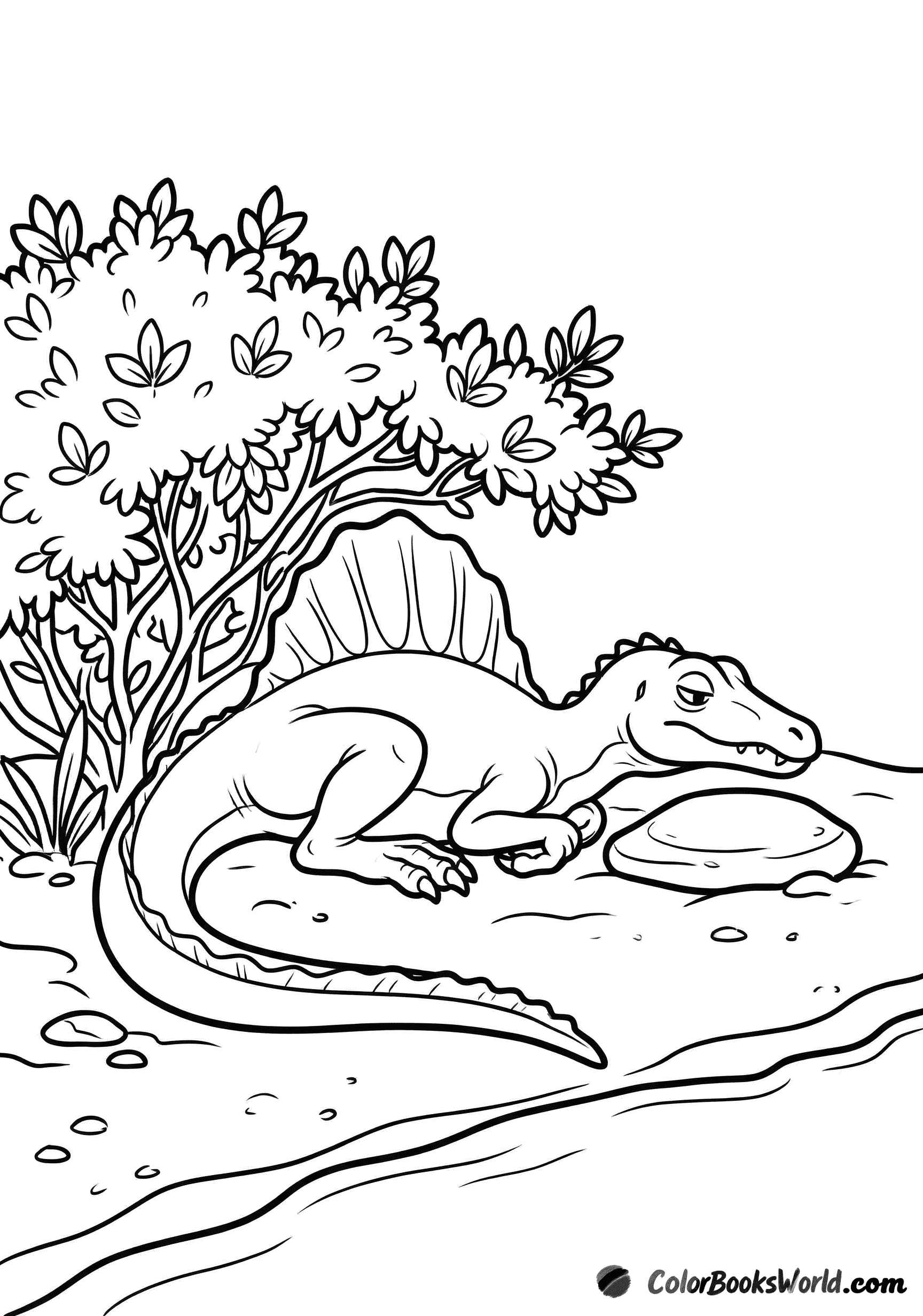 A young spinosaurus lies resting by a coastal shrub beside a flat stone, its sail visible.