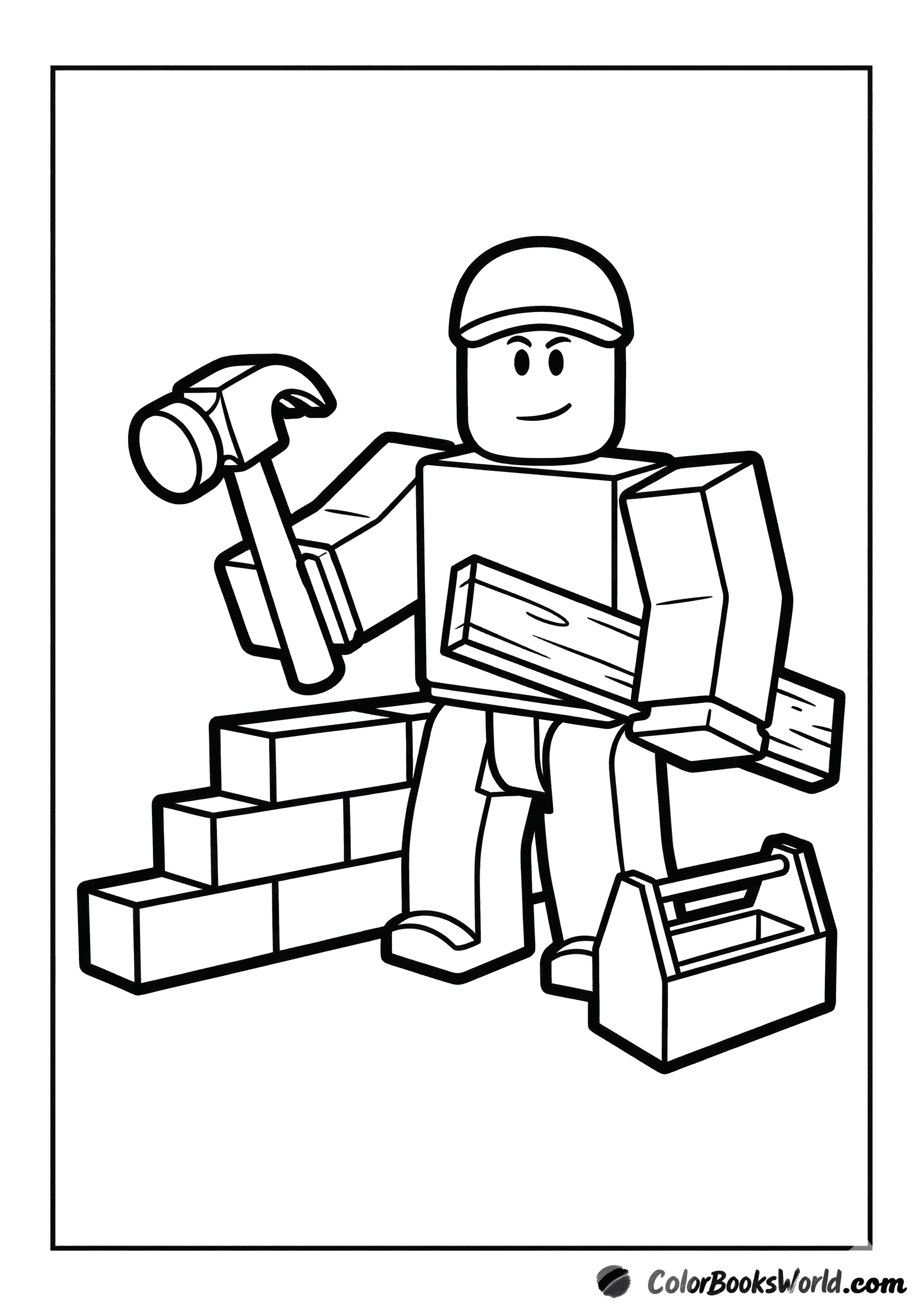 A Roblox builder avatar holds a hammer and wooden plank beside a half-built brick wall and toolbox.