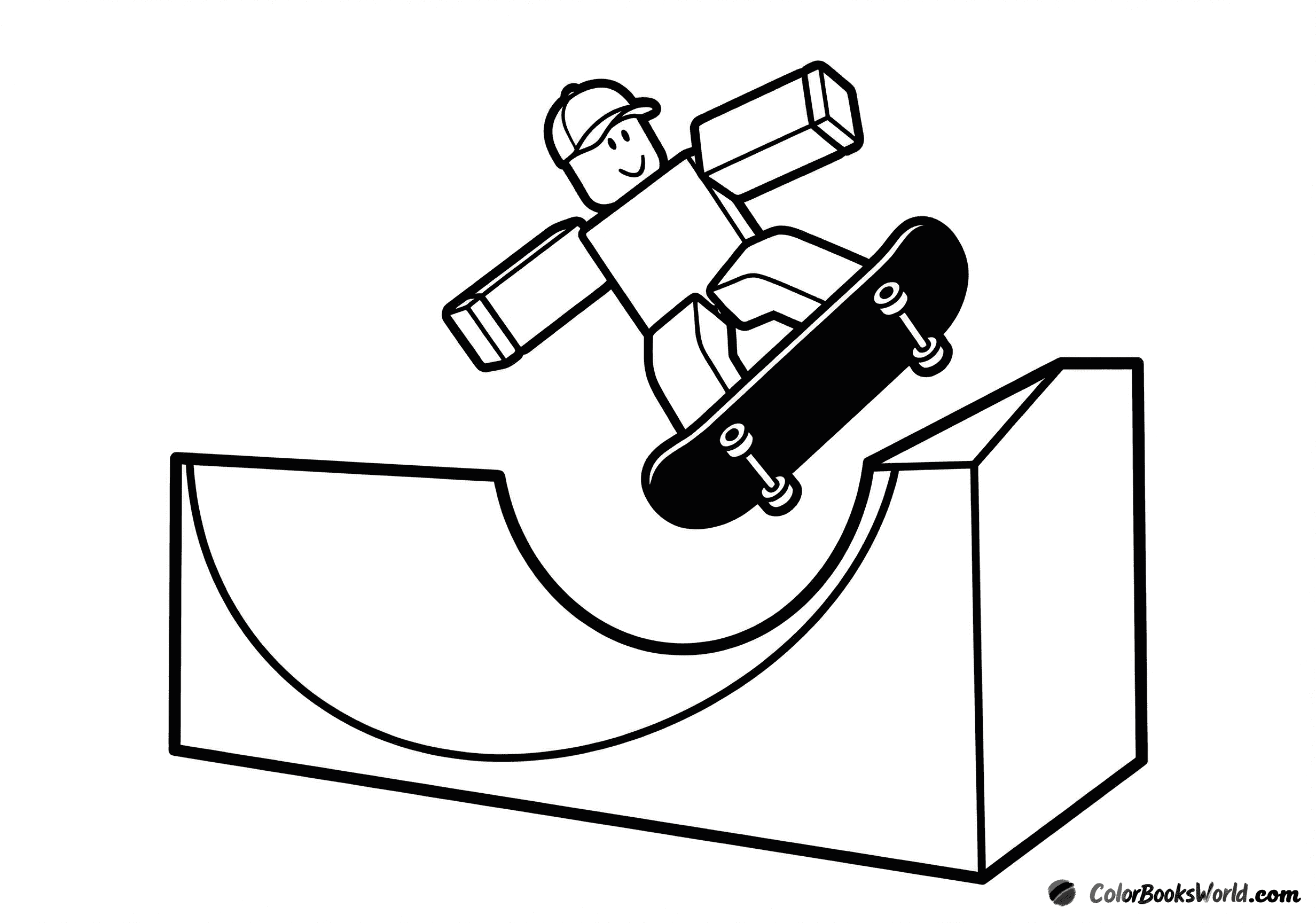 Roblox avatar doing a skateboard jump above a skatepark ramp.