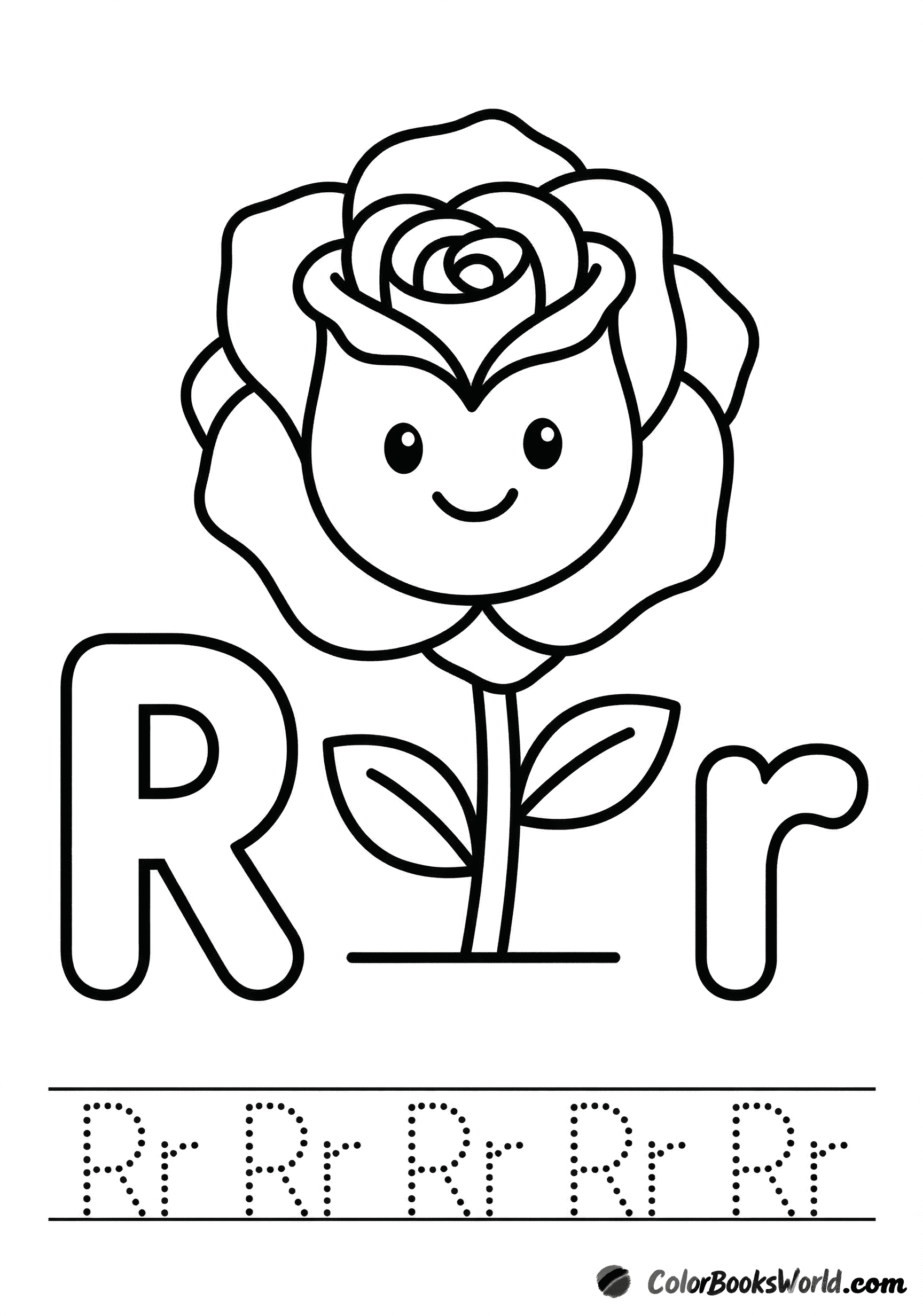 A smiling rose beside large bubble letters R and r, with a dotted tracing line below.