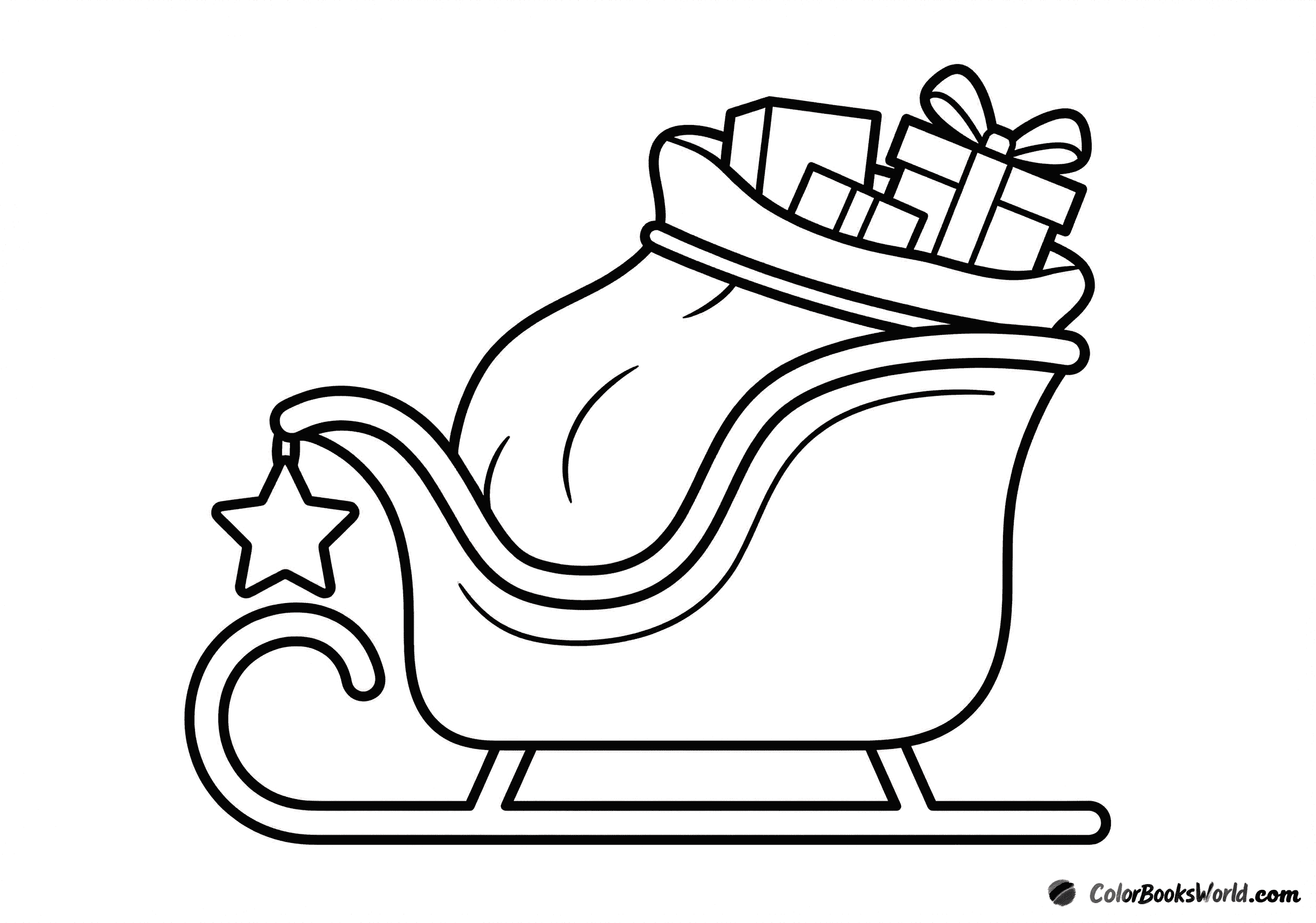 Santa’s sleigh carrying a large sack of Christmas presents with a star ornament and a gift peeking out.