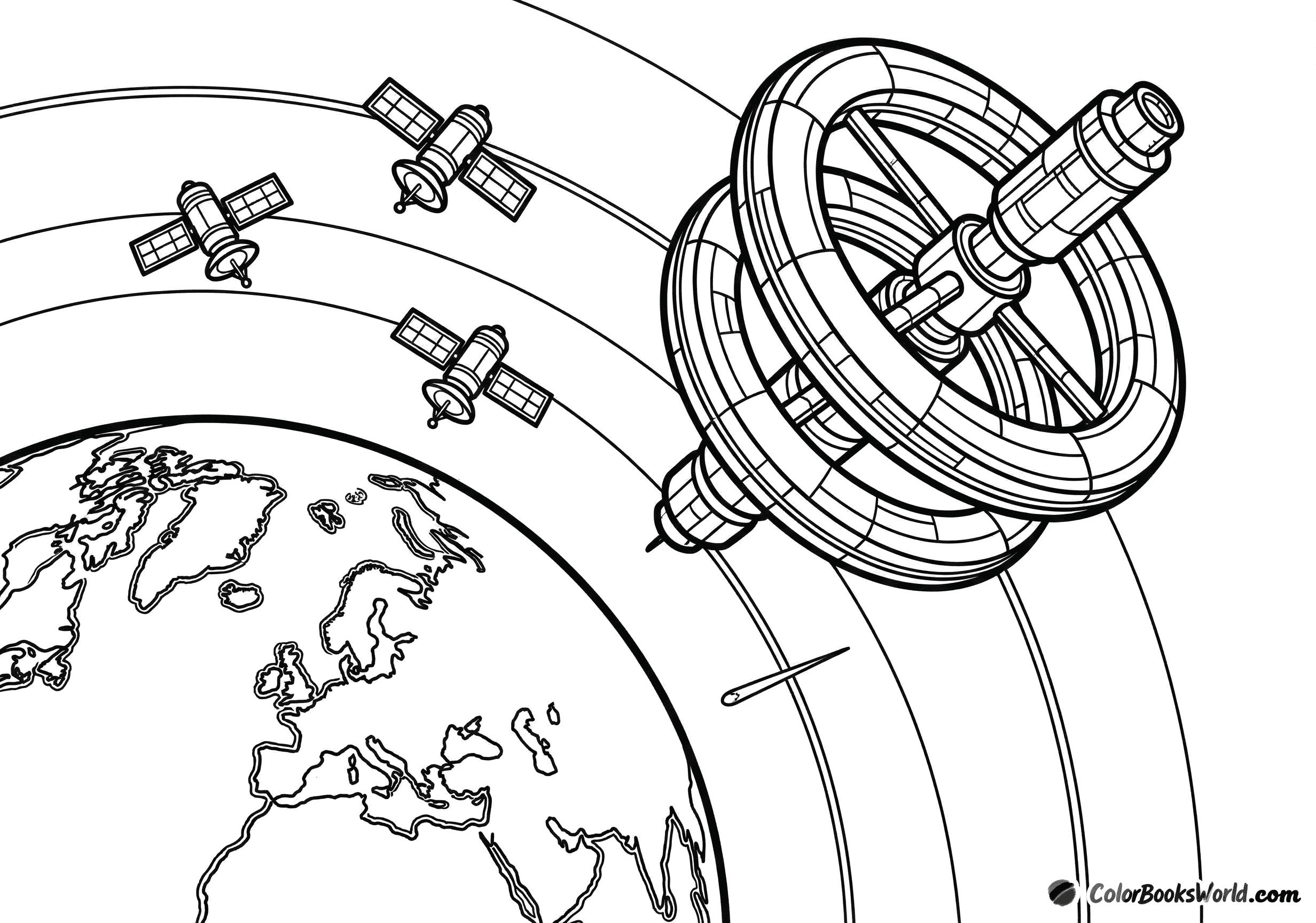 Satellites and a ring-shaped space station orbit Earth, with orbital paths and continent outlines visible.