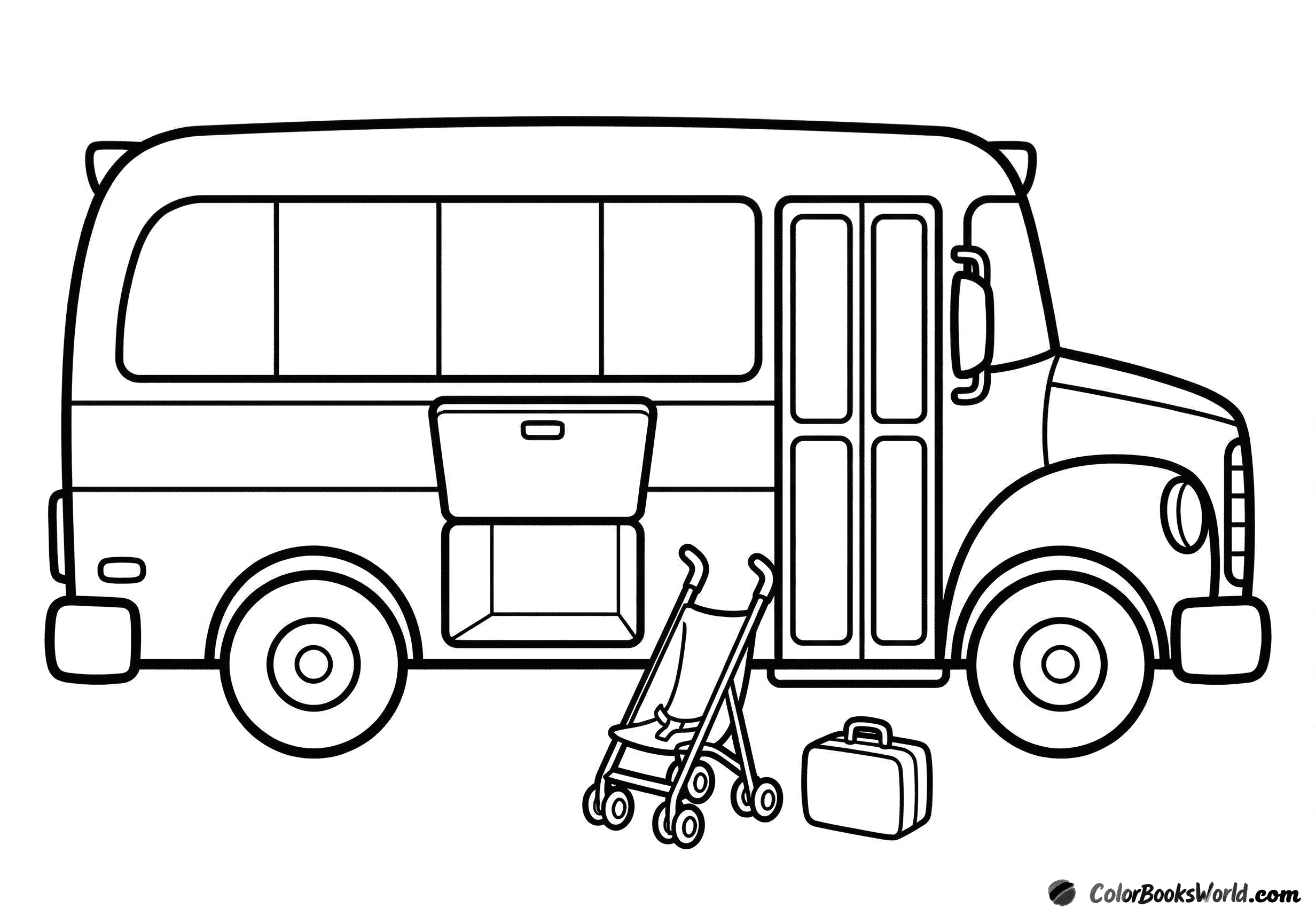 Vista laterale di uno scuolabus con portellone bagagli aperto, passeggino piegato e portapranzo accanto.