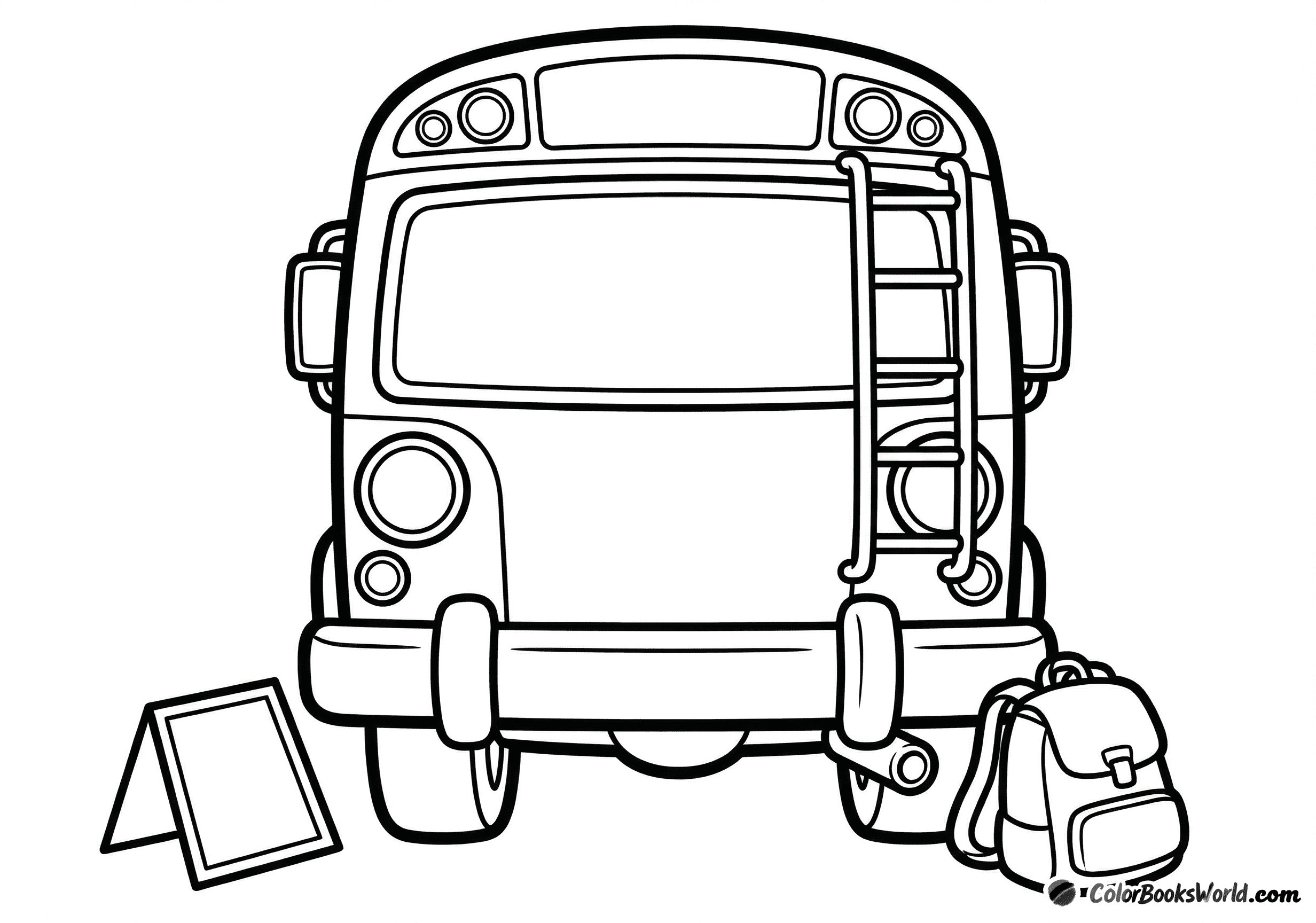 Cartoon school bus seen from behind with a stop sign and a backpack beside it.