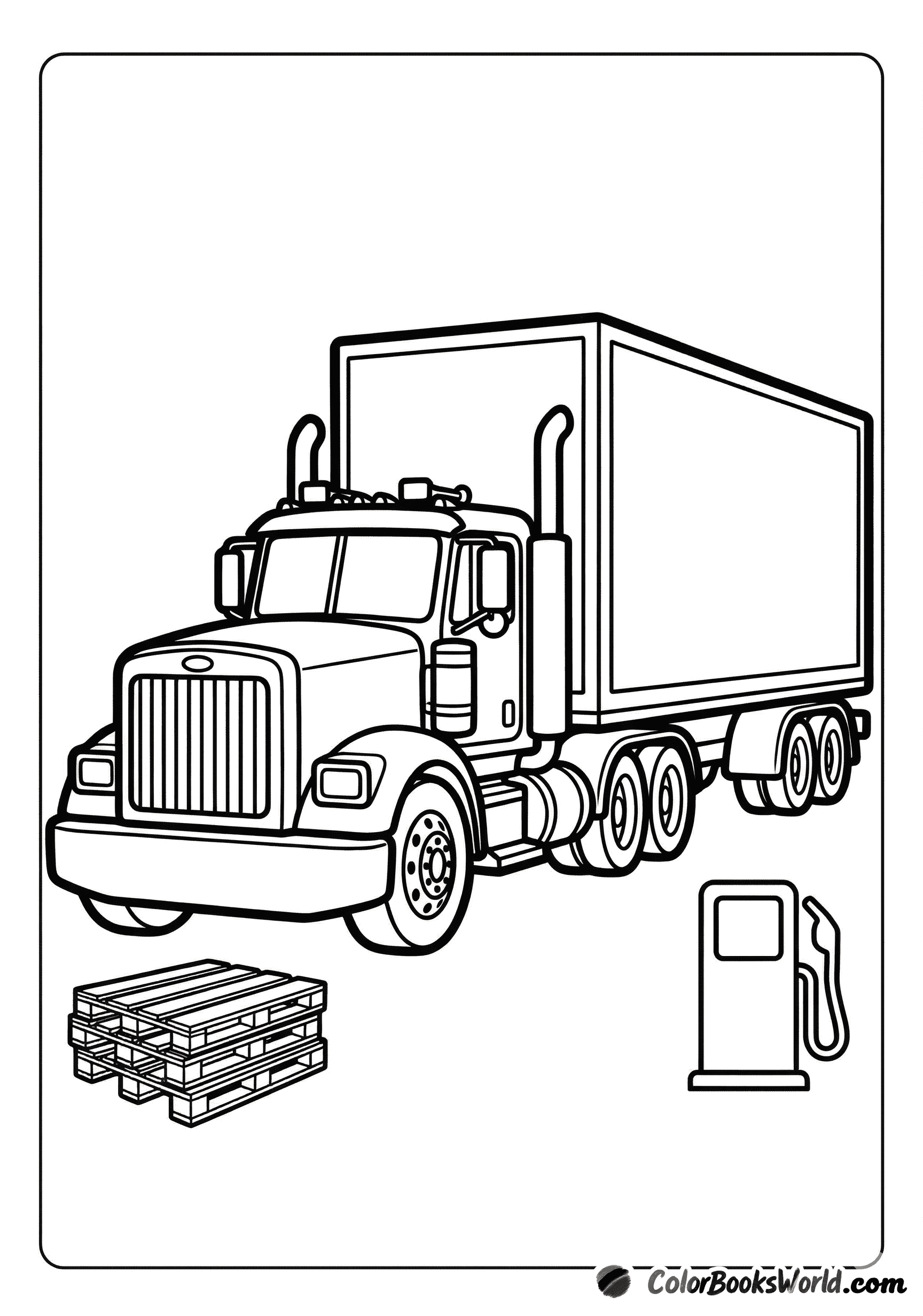 Cartoon semi-truck with a long rectangular trailer, a stack of pallets, and a traffic cone.