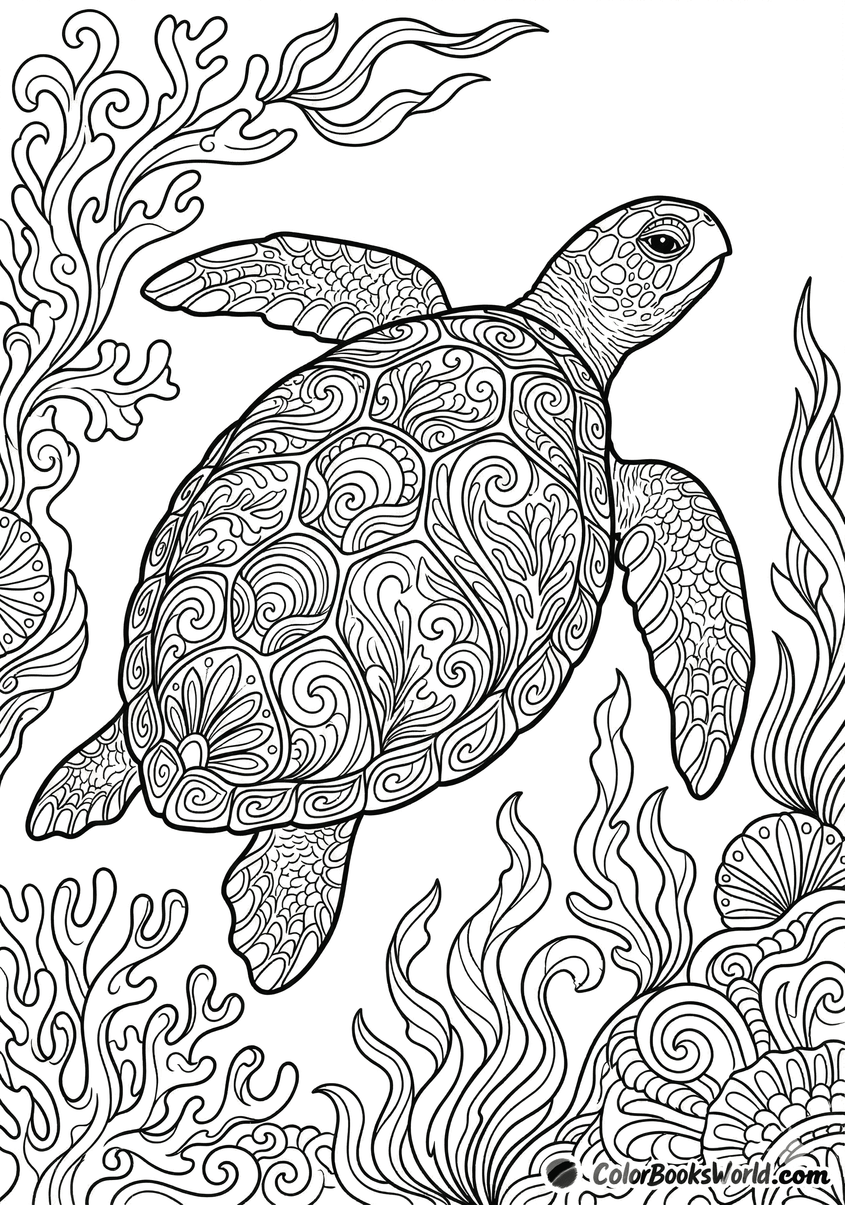 A detailed sea turtle with a patterned shell swimming among coral and flowing seaweed.