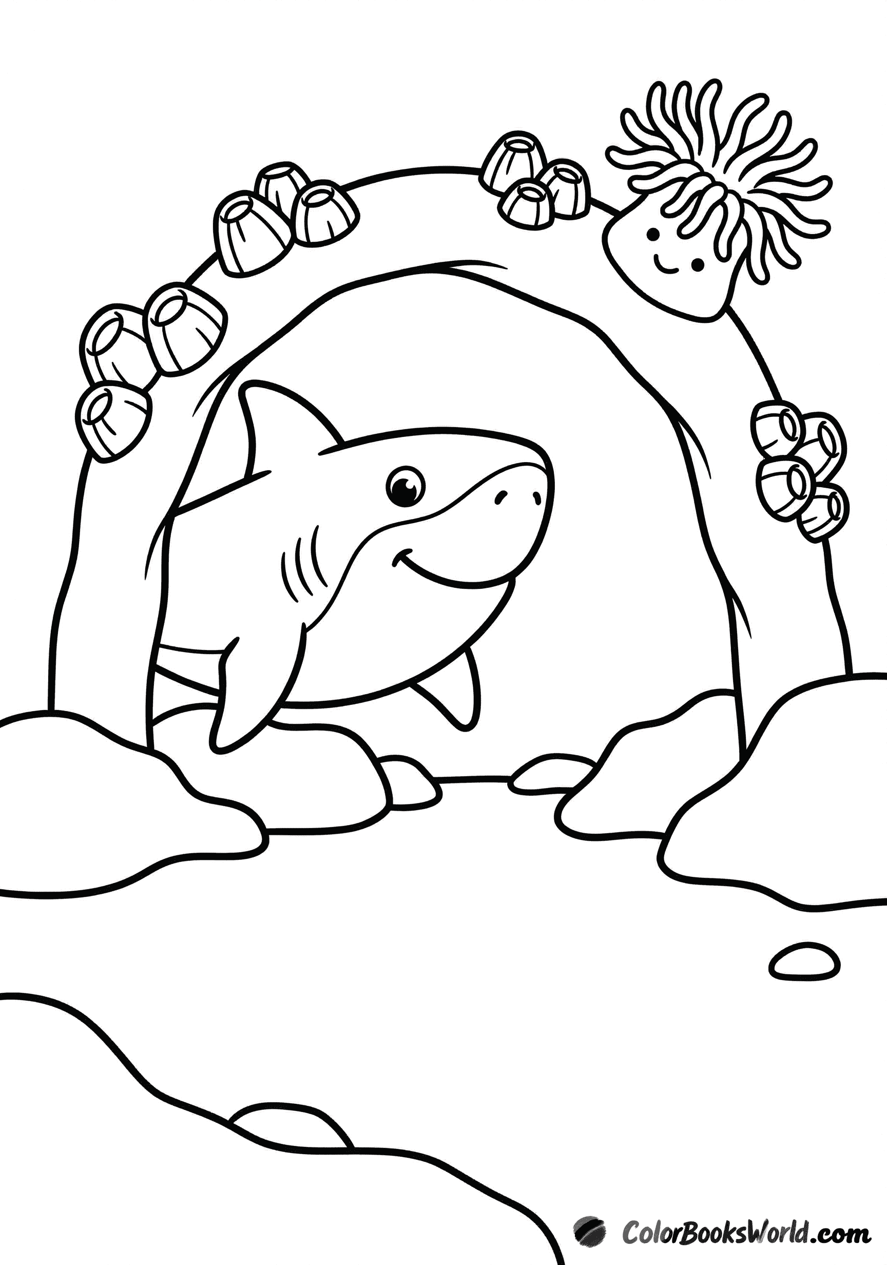 A friendly cartoon shark peeks into a rounded underwater cave beside sea anemones.