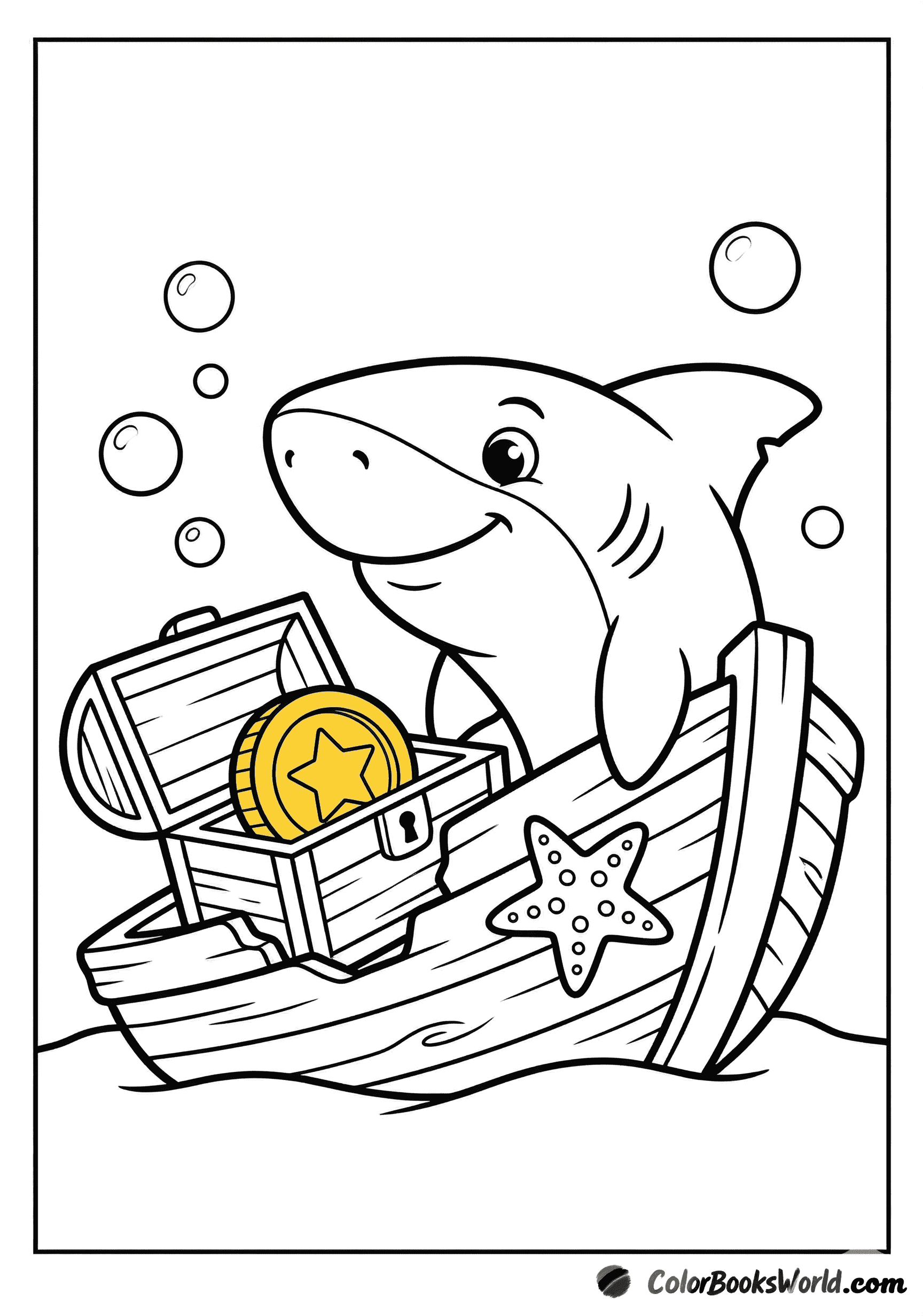 A friendly cartoon shark looks at an open treasure chest on a shipwreck, with a starfish nearby.