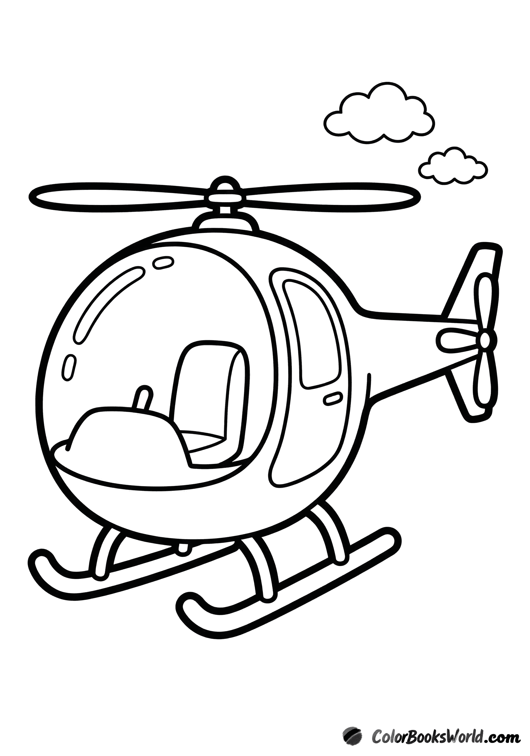 Cartoon sightseeing helicopter with a large bubble window flying near two fluffy clouds.