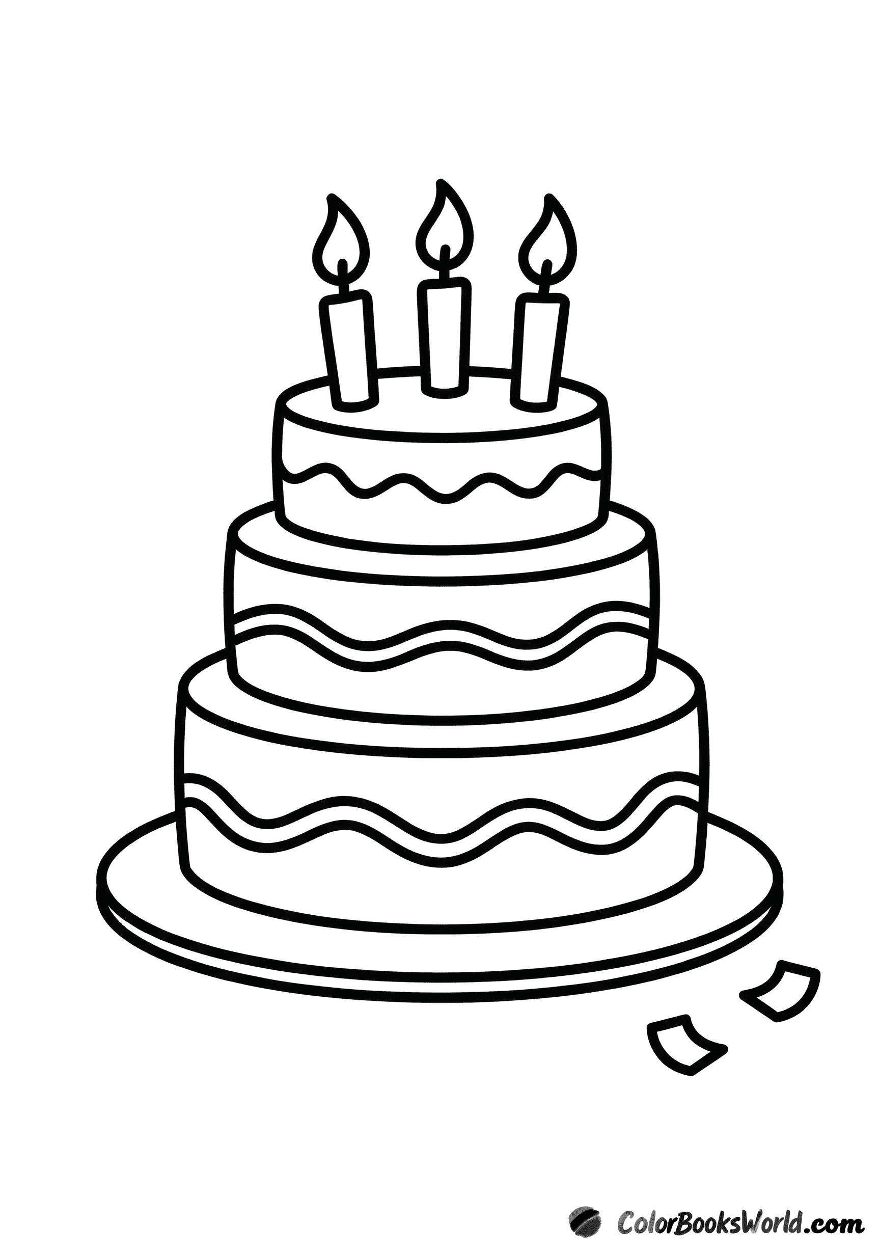 A three-tier birthday cake with three lit candles on top and confetti around it.