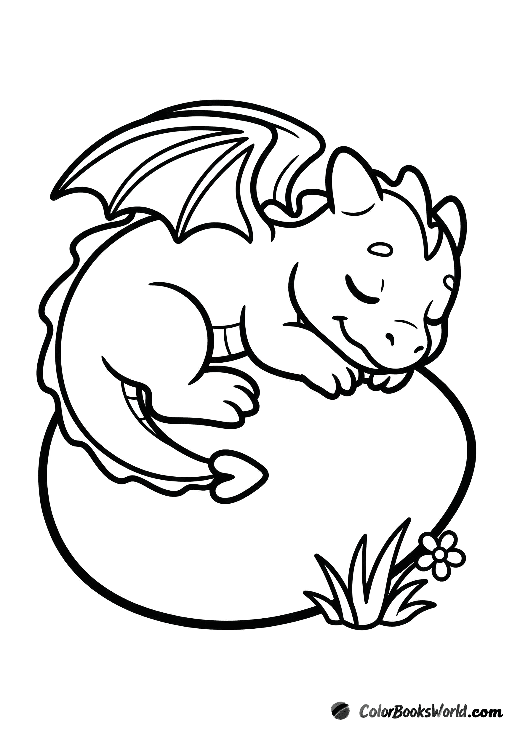A cute baby dragon sleeps curled up on a large egg beside a small flower.