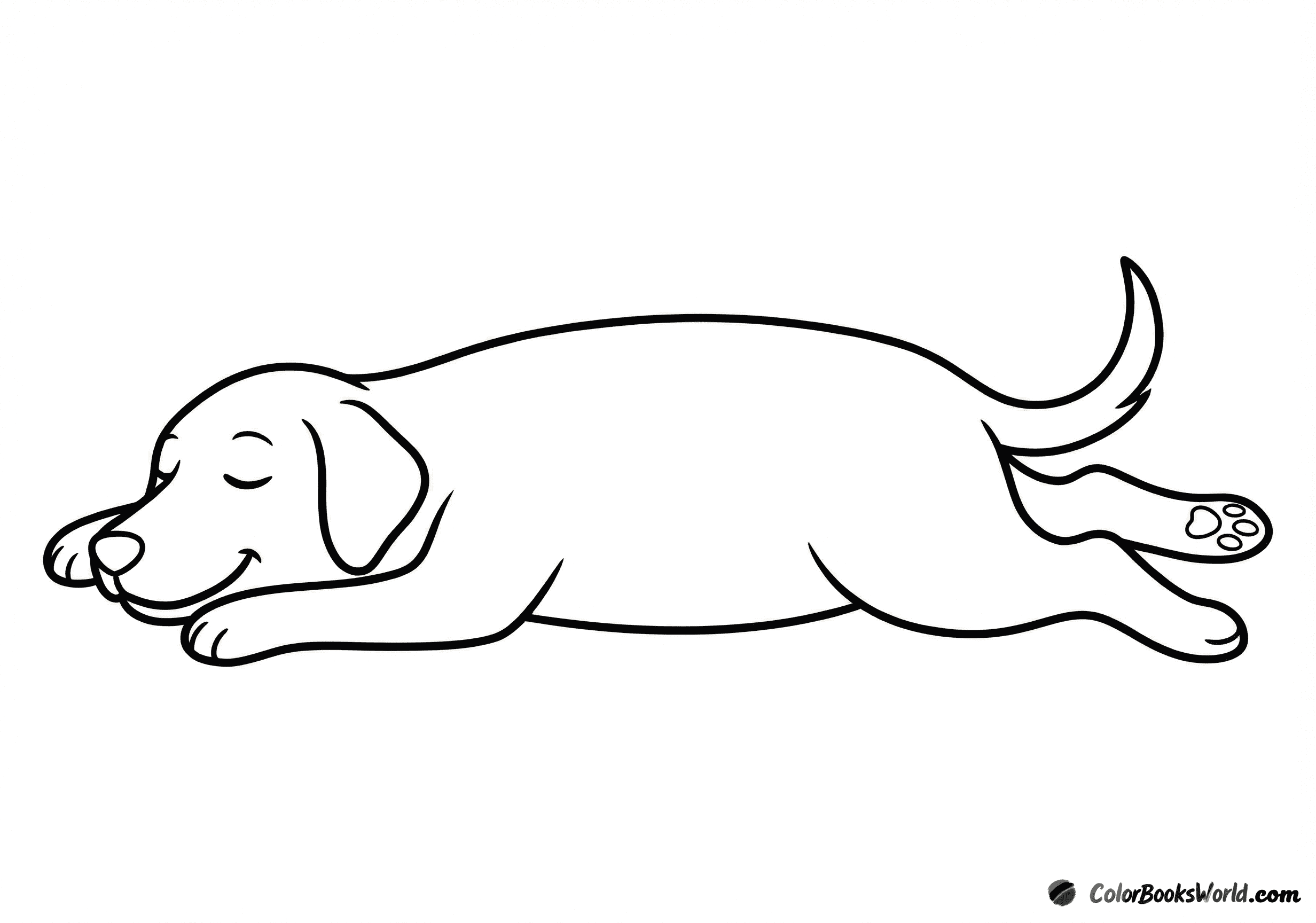 A peaceful dog lies on its side with closed eyes and a gentle smile.