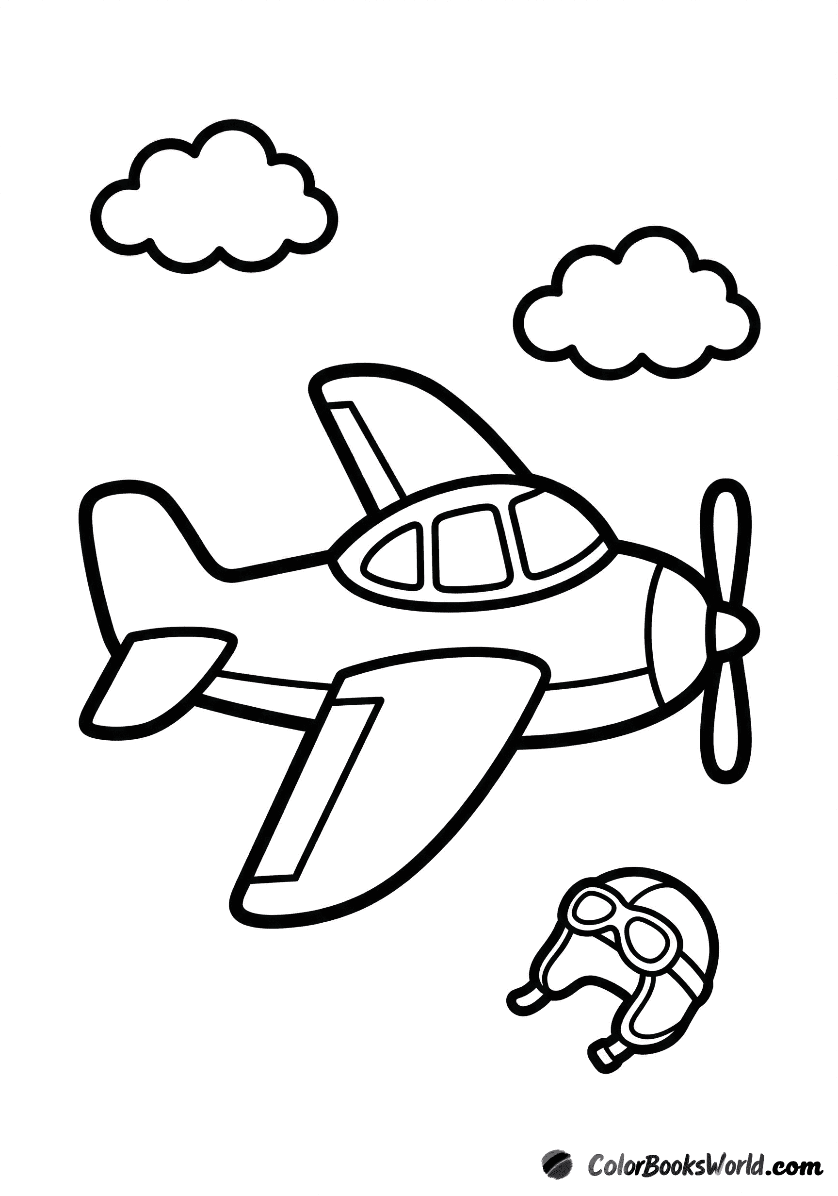 A small single-engine propeller plane flying in puffy clouds beside a pilot helmet.