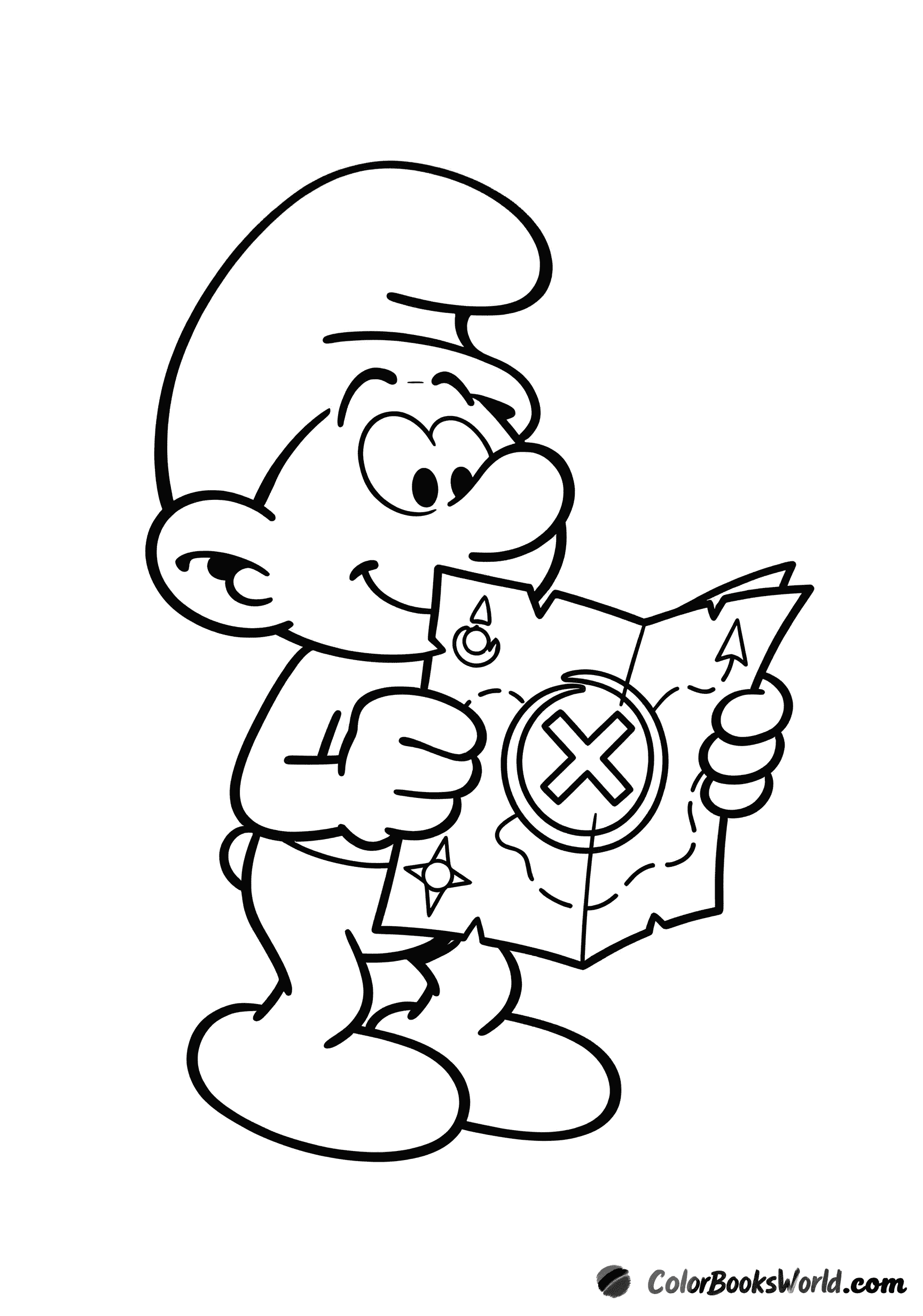 A Smurf holds a folded treasure map with an X marking the spot.