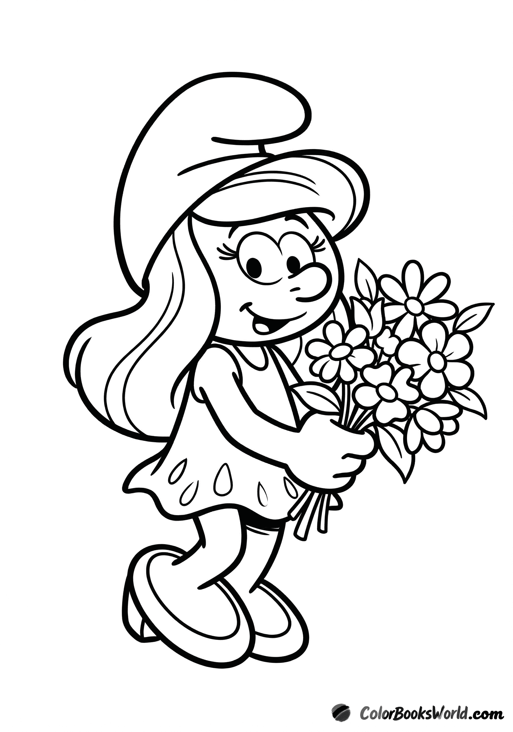 Smurfette smiles while holding a small bouquet of flowers in her hands.