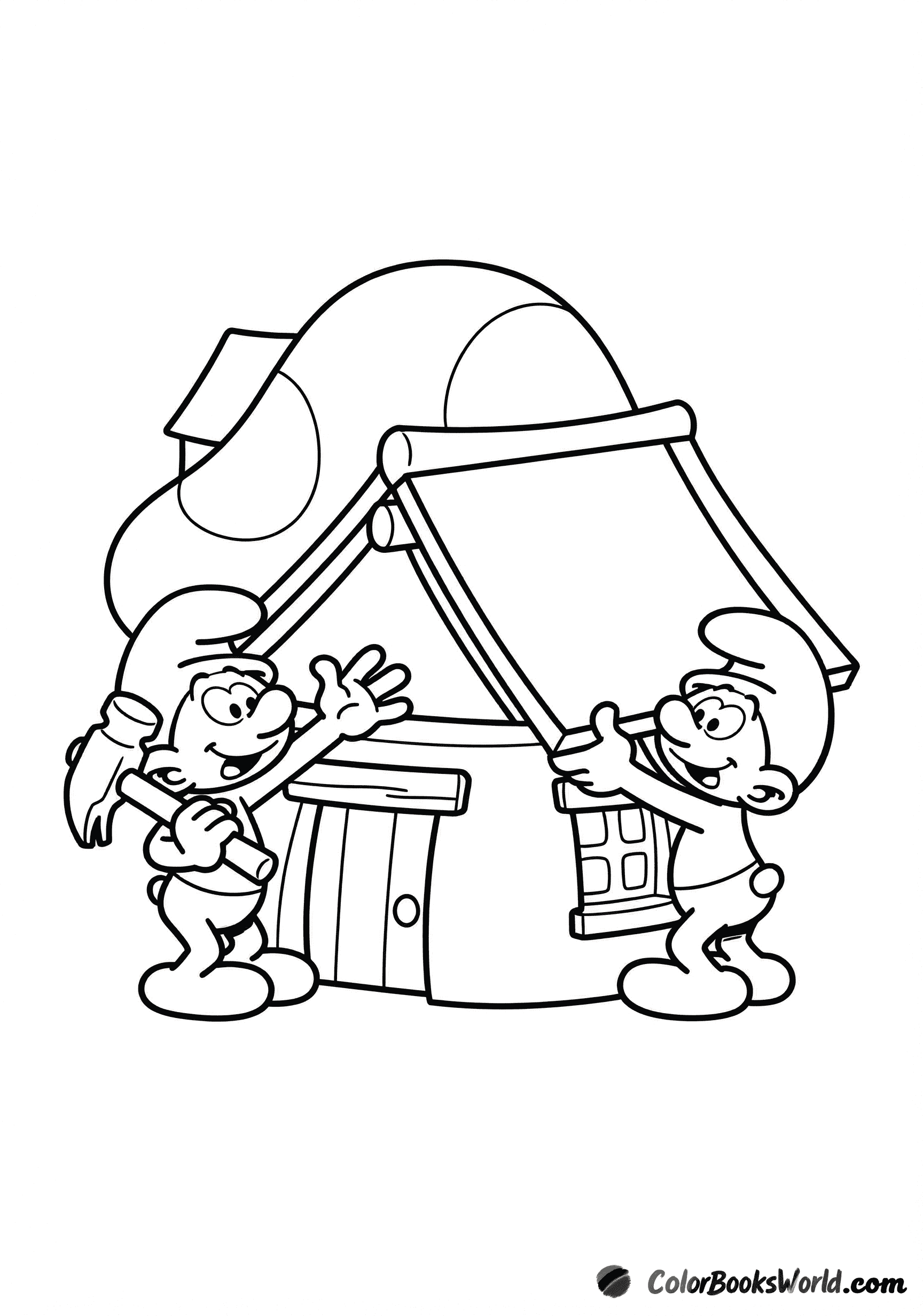 Two Smurfs work together to repair the roof of a mushroom-shaped house.