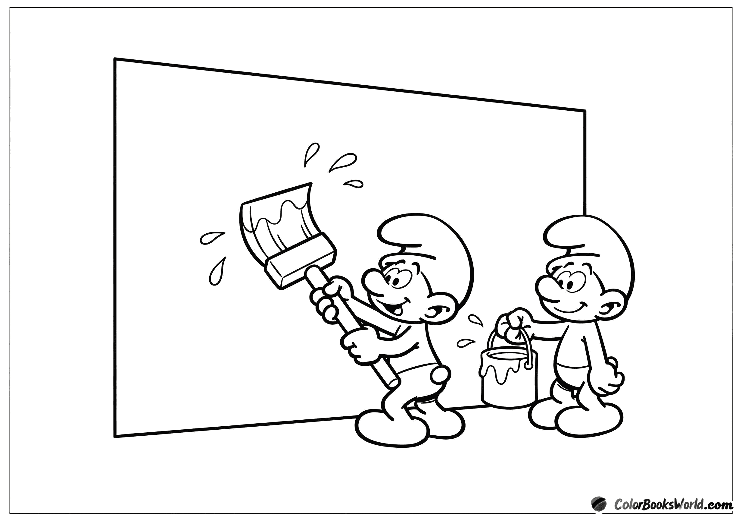Two Smurfs paint a large wall using a big brush and a paint can.
