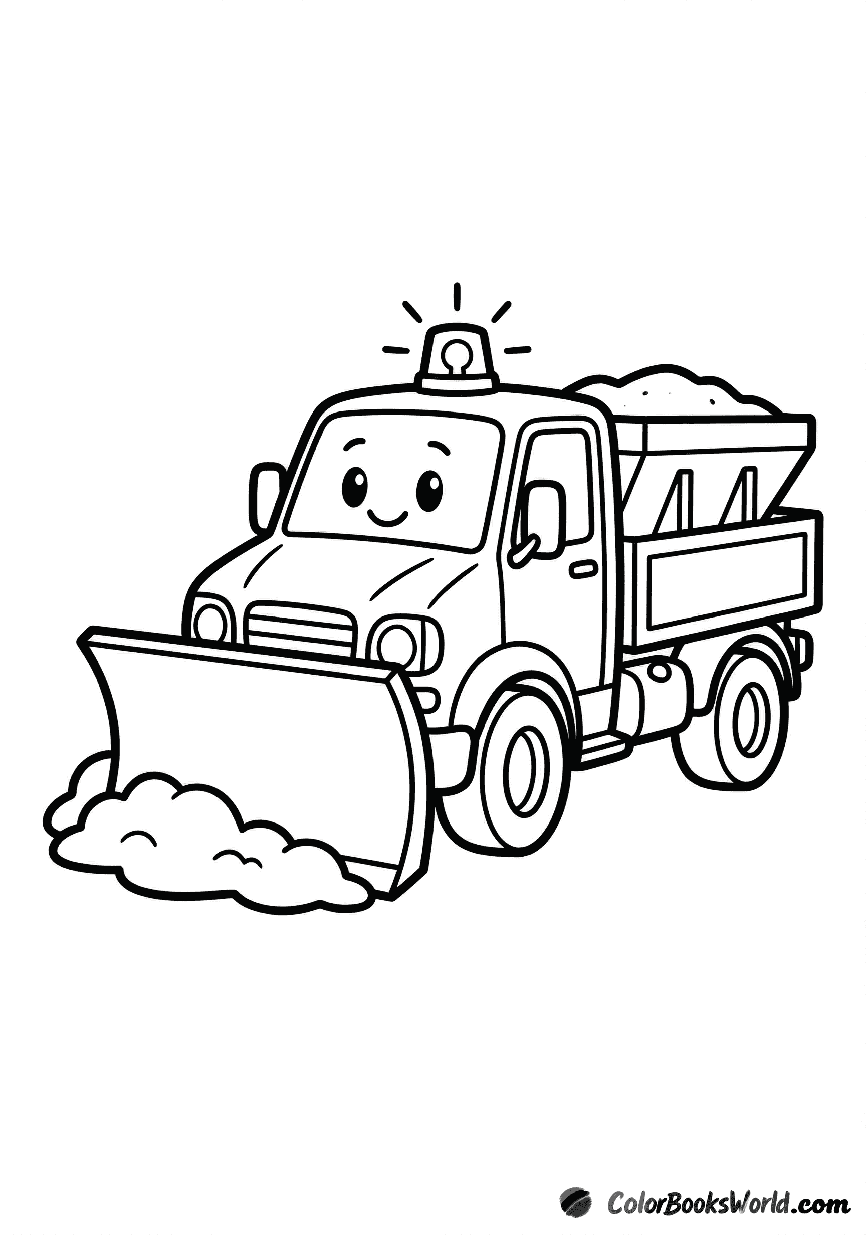 Cartoon snow plow truck with a large front blade, a snow shovel, and a traffic cone.