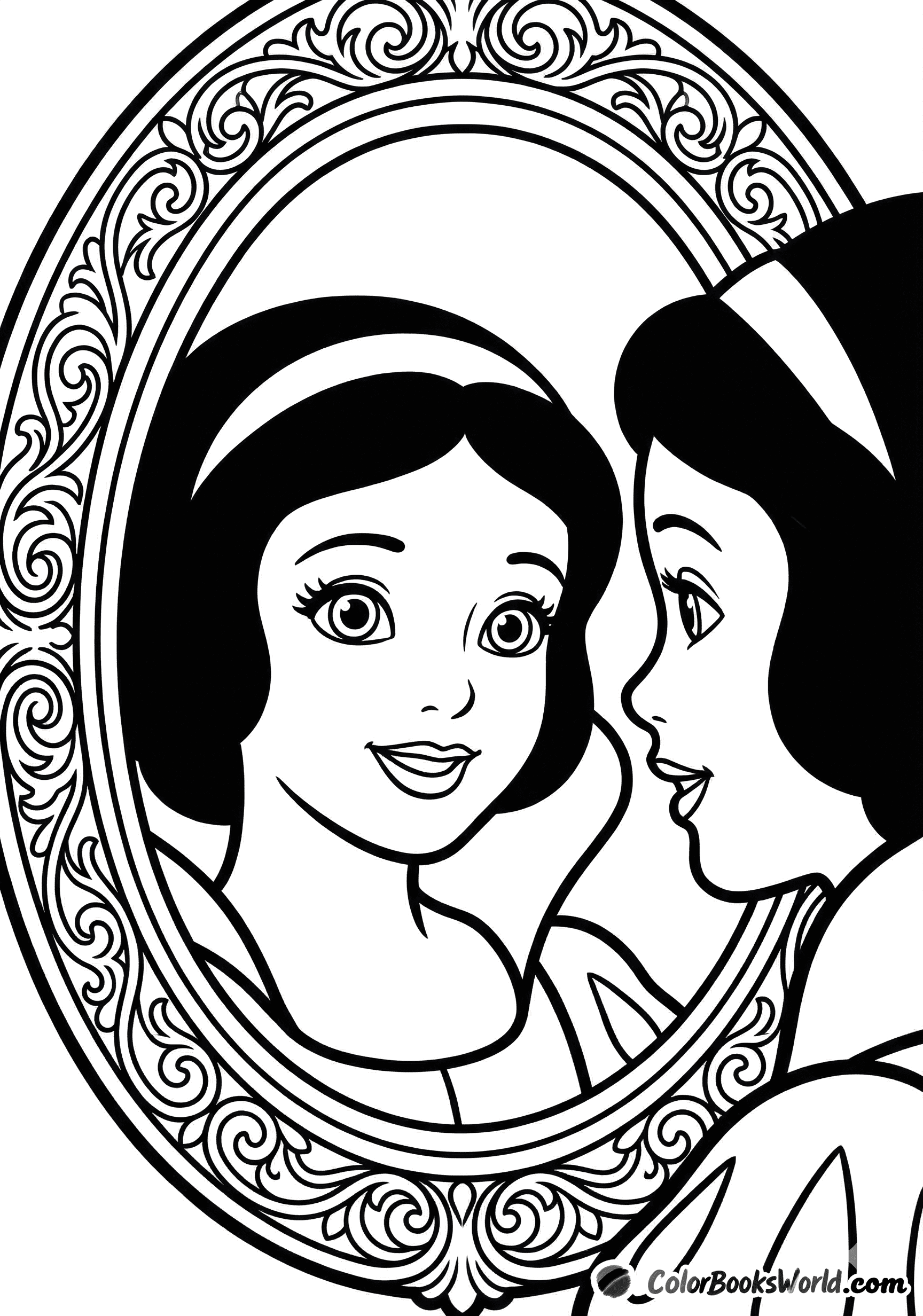 Close-up of Snow White gazing into a large ornate mirror with floral details.