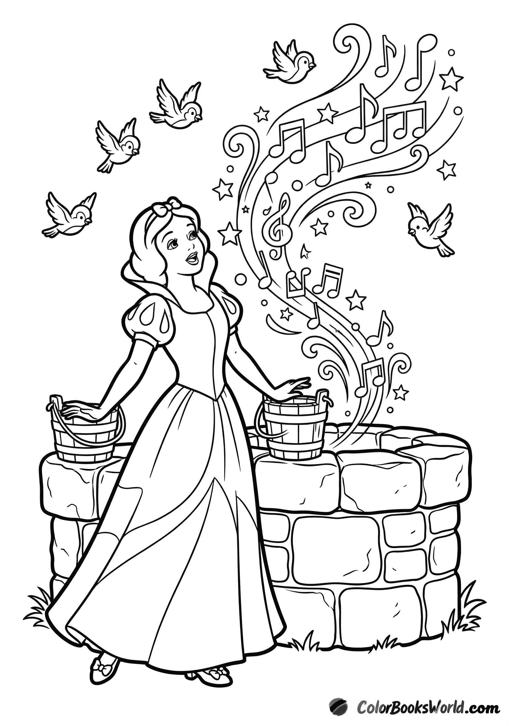 Snow White stands by a stone well, singing as birds flutter around her and music notes swirl.