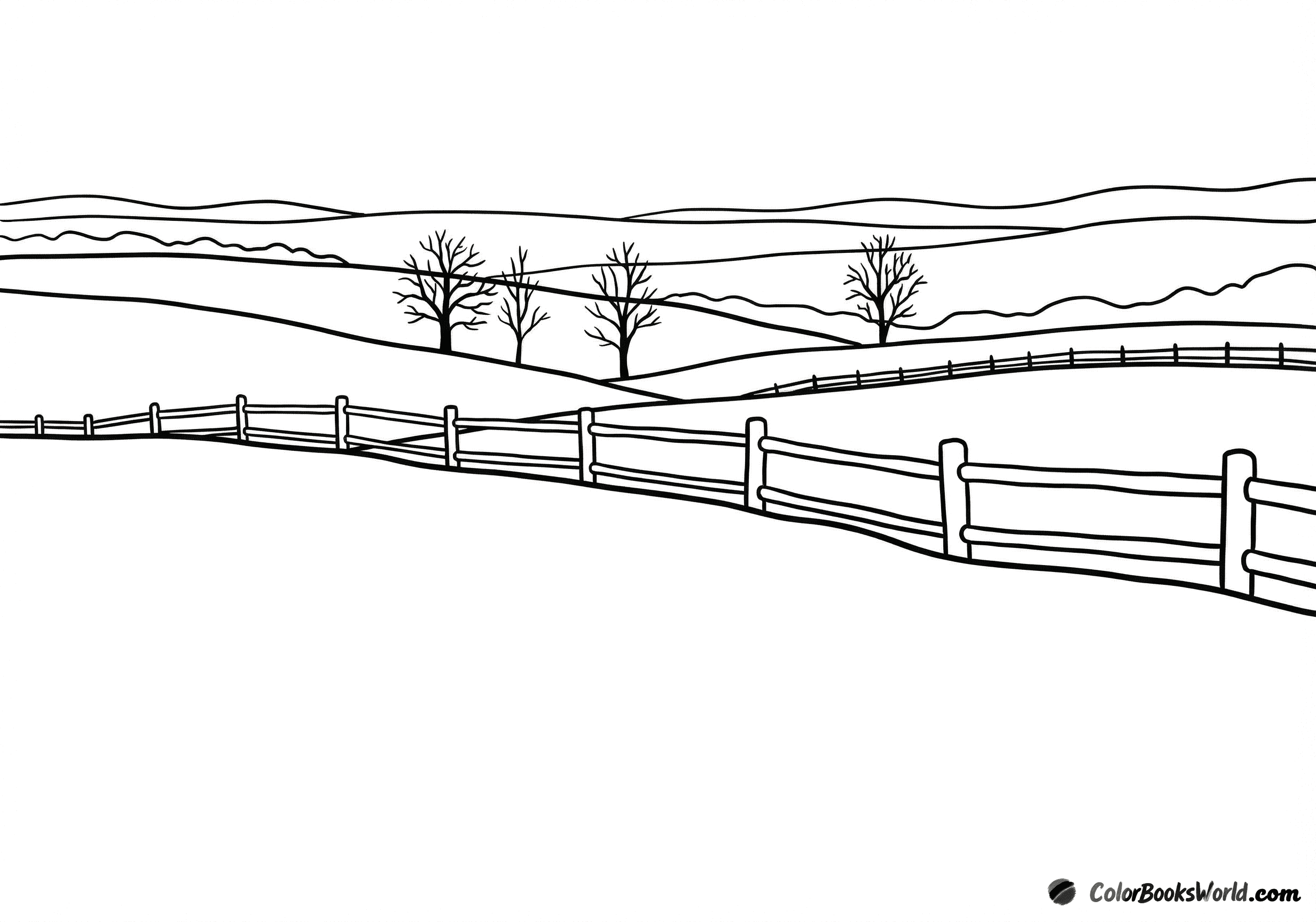 Cartoon-style snowy rolling fields divided by a simple wooden post-and-rail fence.