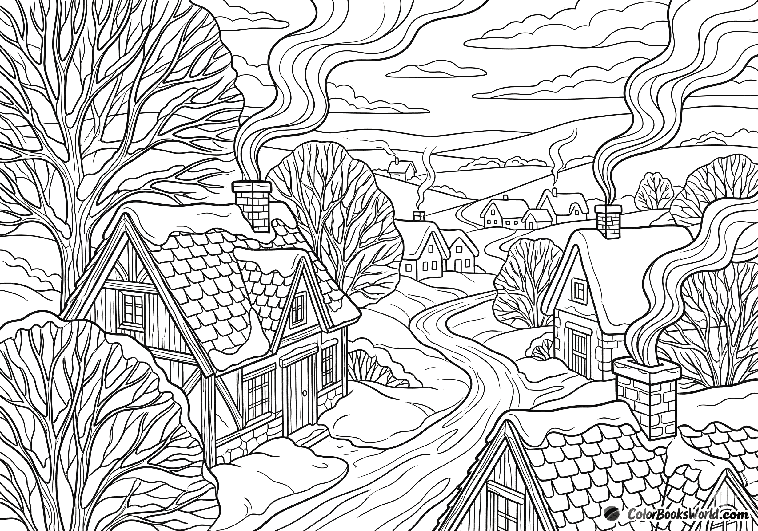 Line art of a quiet winter village with snow-covered cottages, bare trees, and chimney smoke.