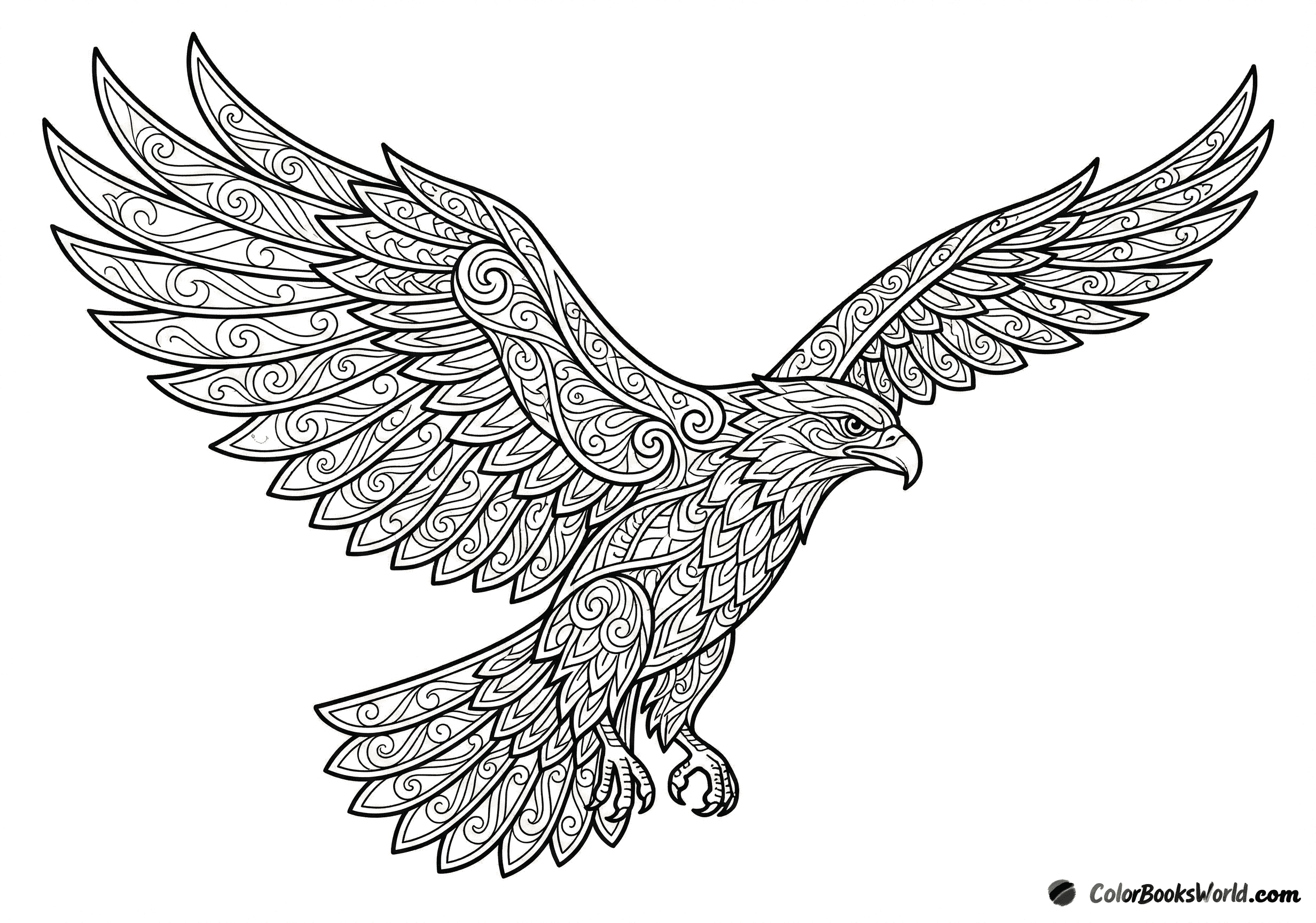 A soaring eagle in flight with wings made of layered ornamental feather panels and spiral motifs.