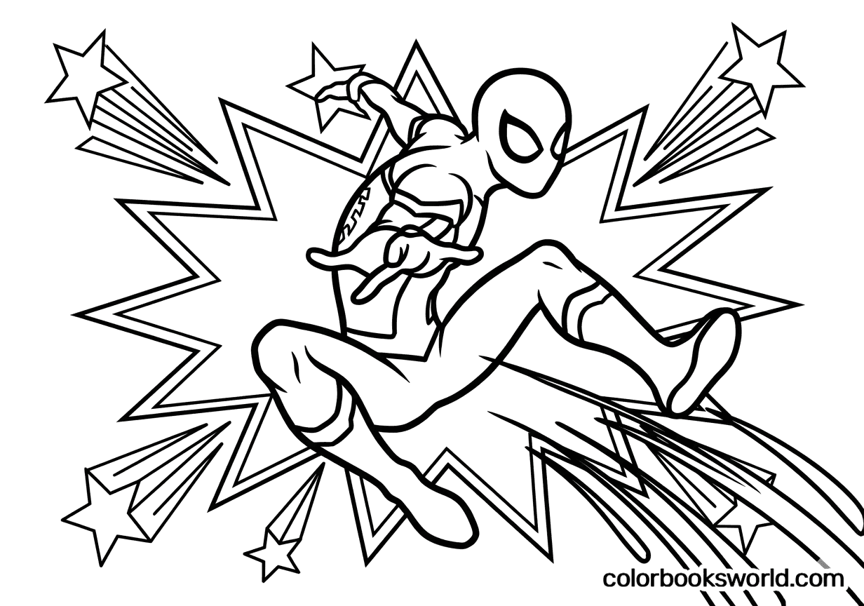 Spider-Man leaping with comic burst lines and stars in the background.