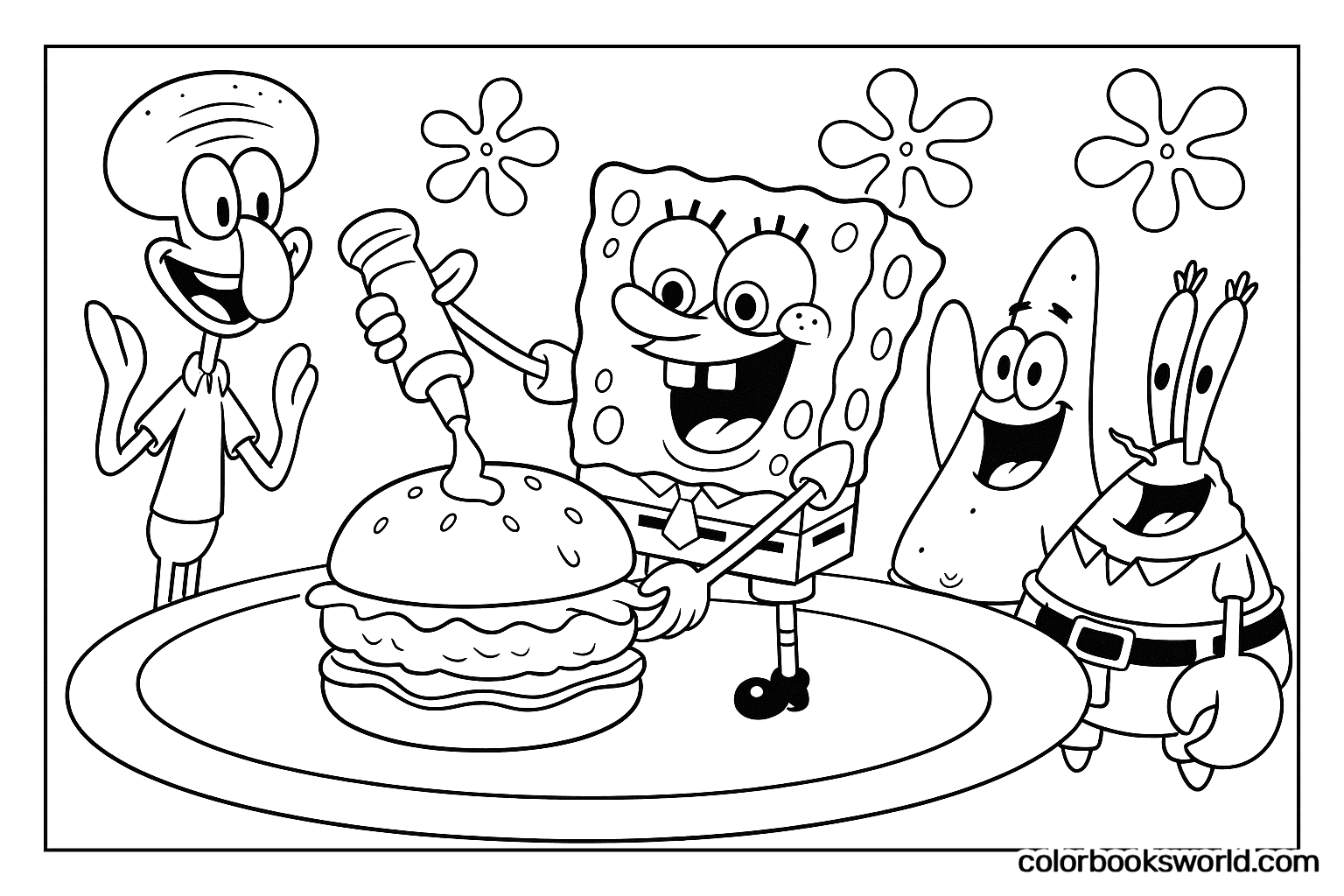 SpongeBob adds sauce to a large Krabby Patty on a plate as Squidward, Patrick and Mr. Krabs watch.