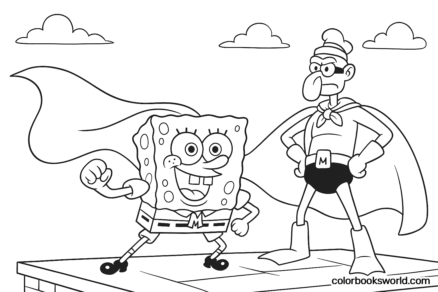 SpongeBob strikes a heroic pose on a rooftop as Mermaid Man stands beside him in a cape.