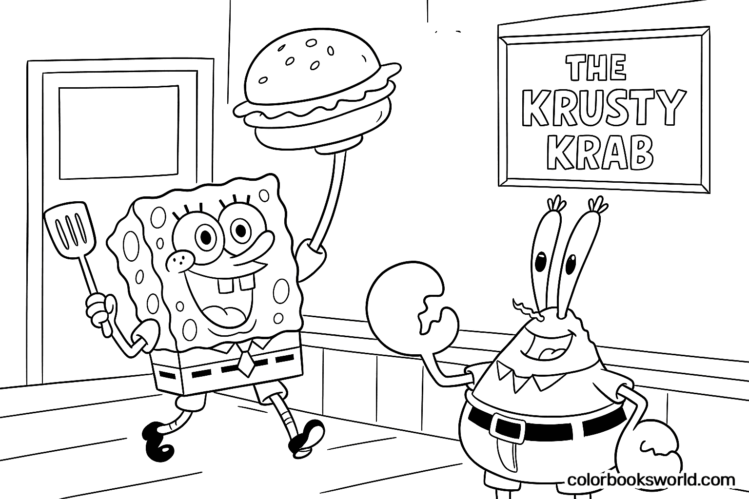 SpongeBob holds up a spatula and burger while Mr. Krabs smiles under The Krusty Krab sign.