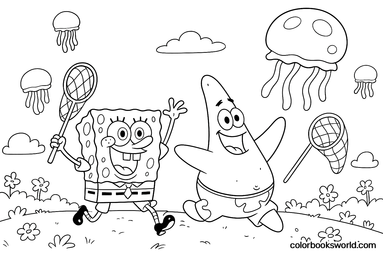 SpongeBob and Patrick run with nets, chasing jellyfish over a flower-dotted meadow.