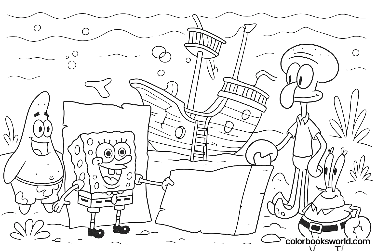 SpongeBob holds a large map with Patrick beside him, a shipwreck behind, and Squidward and Mr. Krabs nearby.