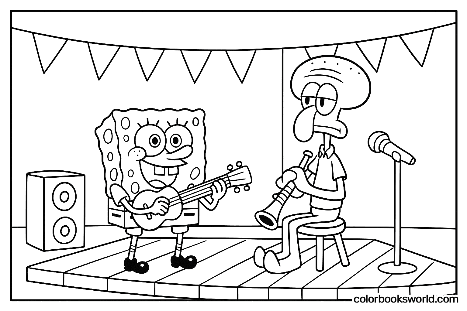 Bob Esponja toca el ukelele y Squidward el clarinete en el escenario con micrófono, altavoz y banderines.