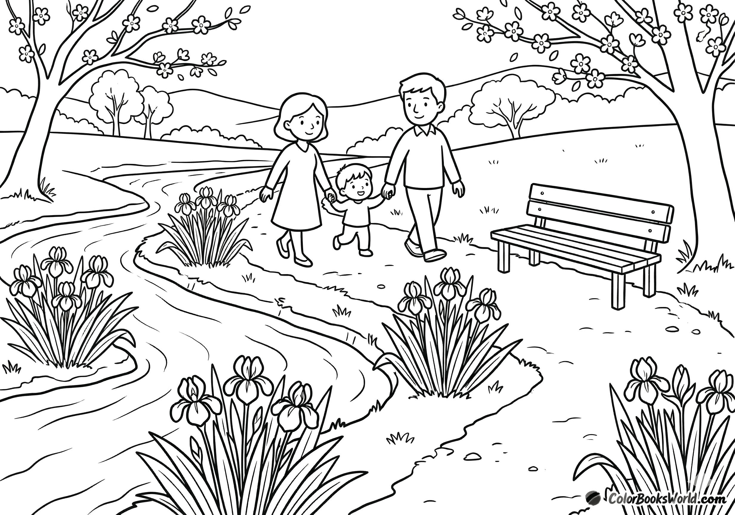 A family of three walks along a river path beside blooming irises and a wooden bench.