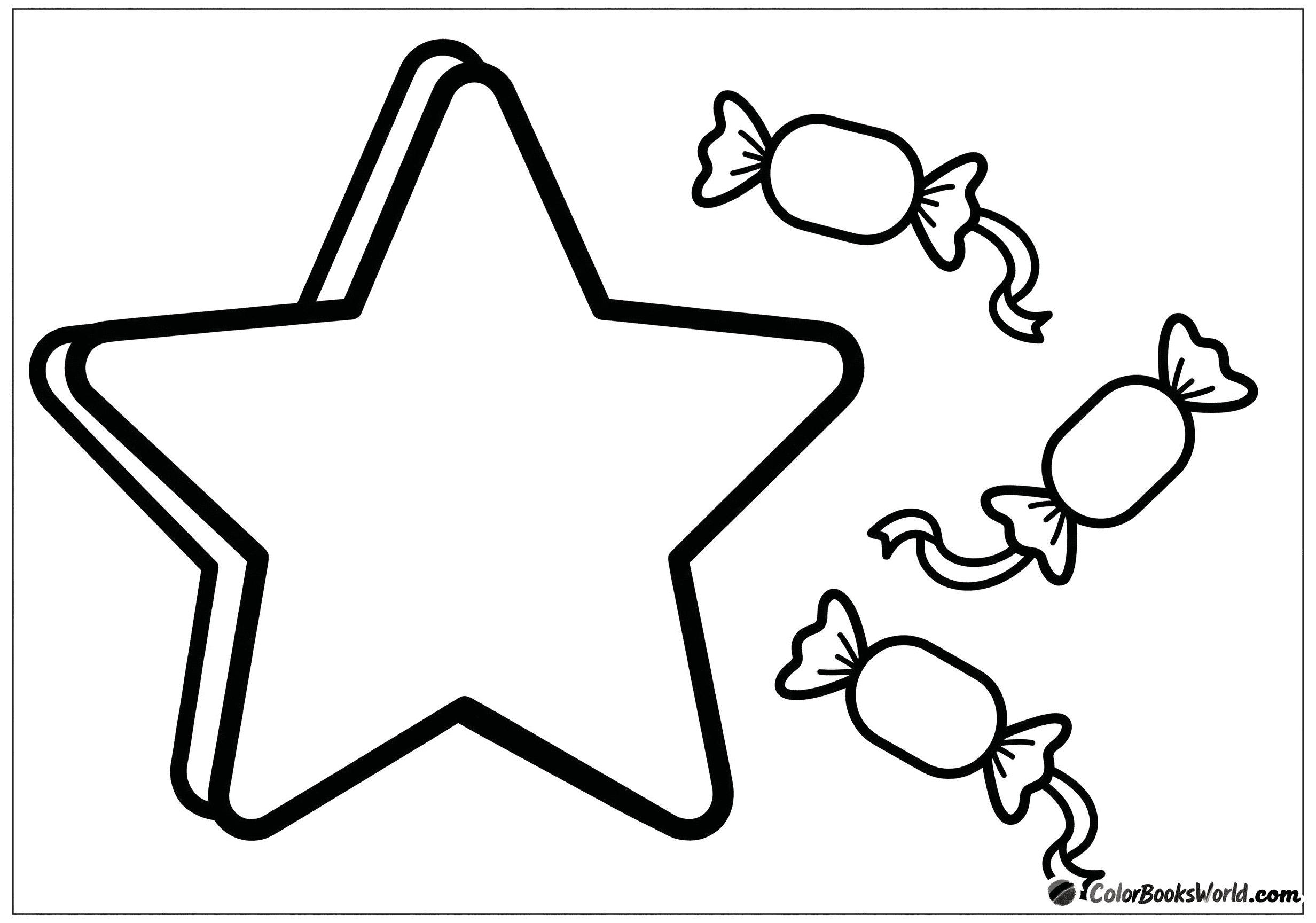 Star-shaped piñata with three wrapped candies and a decorative ribbon tail beside it.