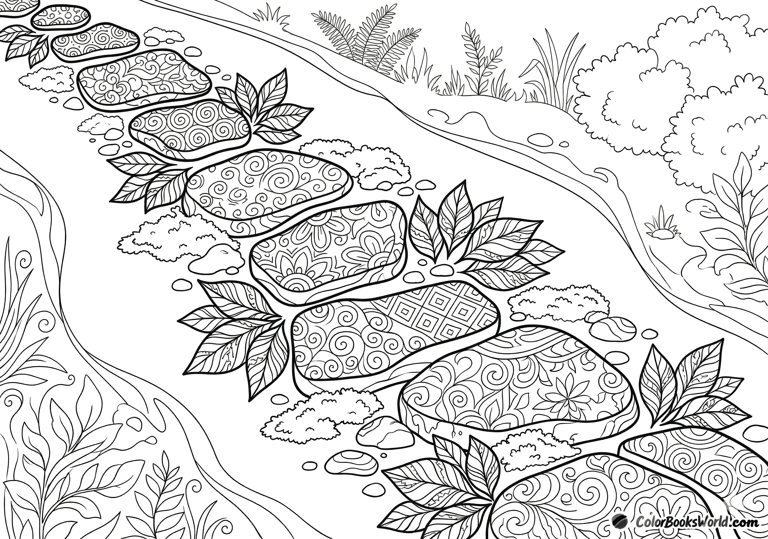 A winding path of patterned stepping stones and leaves through a peaceful garden landscape.