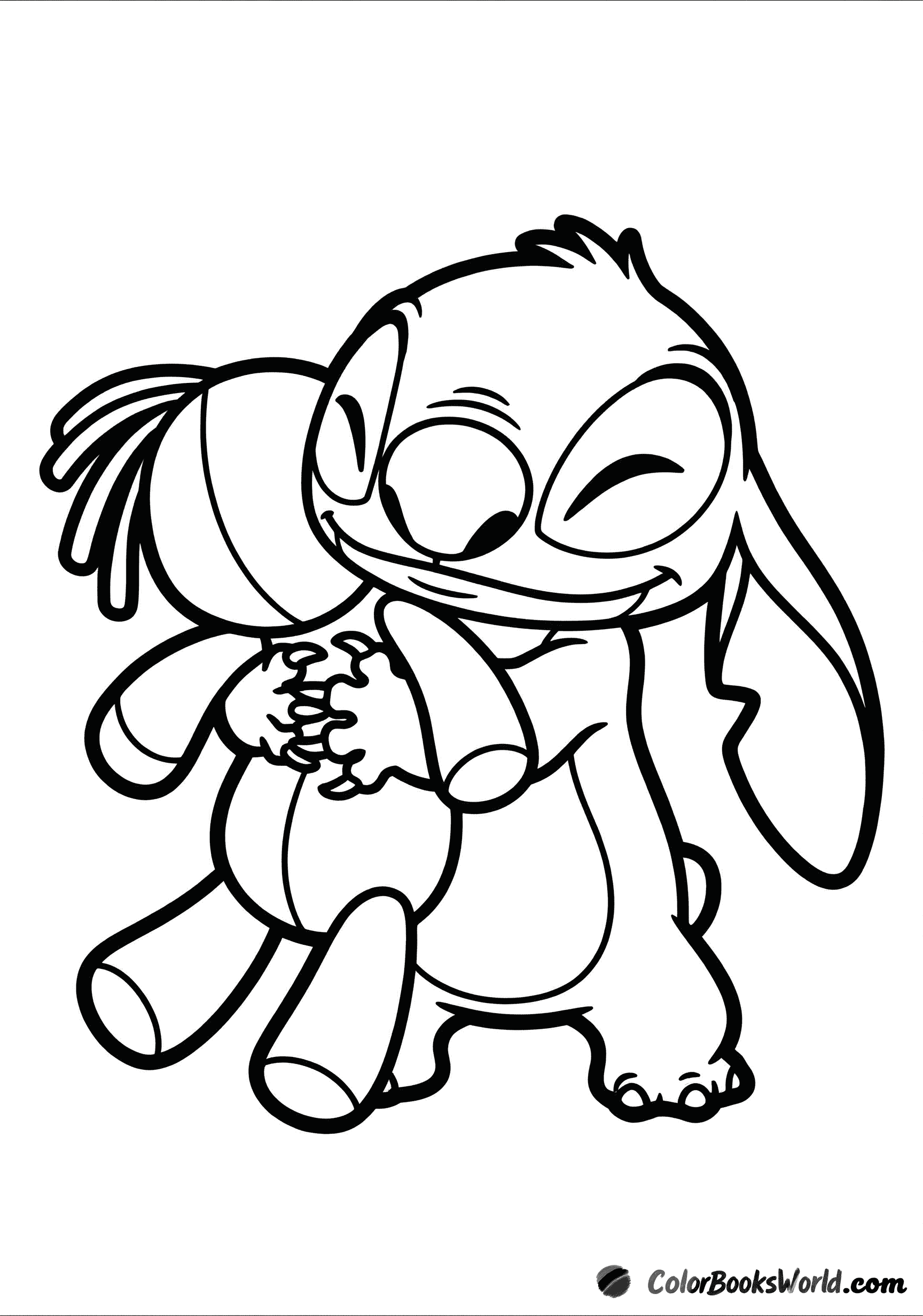 Stitch from Lilo & Stitch hugs Scrump, a small plush doll, with a gentle smile.