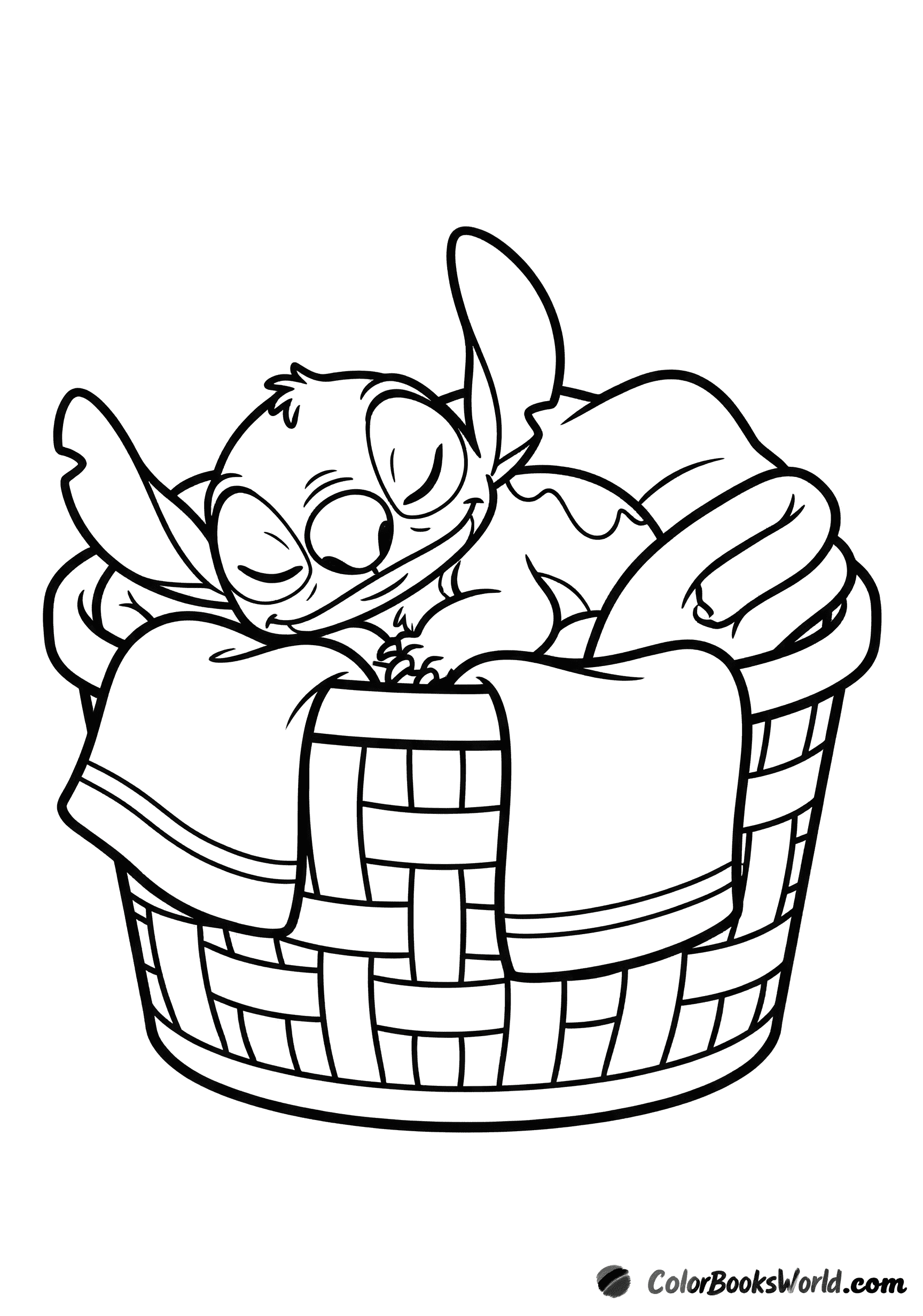 Stitch curled up asleep in a laundry basket filled with soft towels.