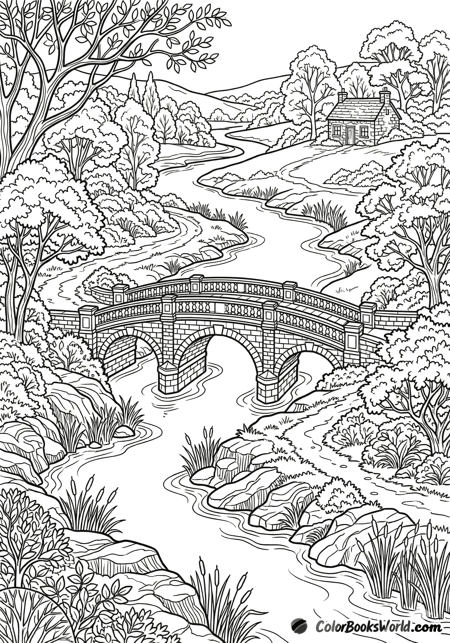 Line art of an arched stone bridge over a winding river, with a cottage and trees in a valley.