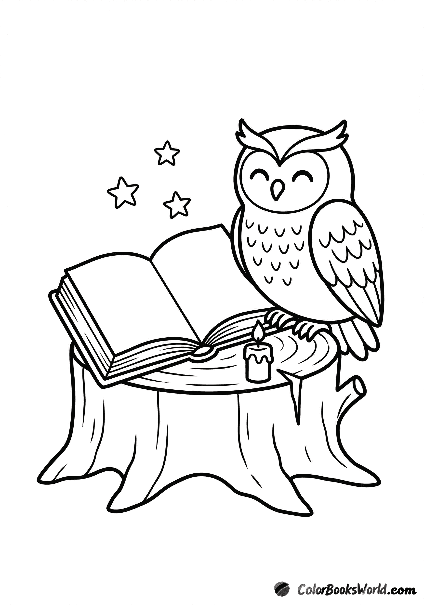 A cute owl on a tree stump beside an open book, with floating stars and a small candle.