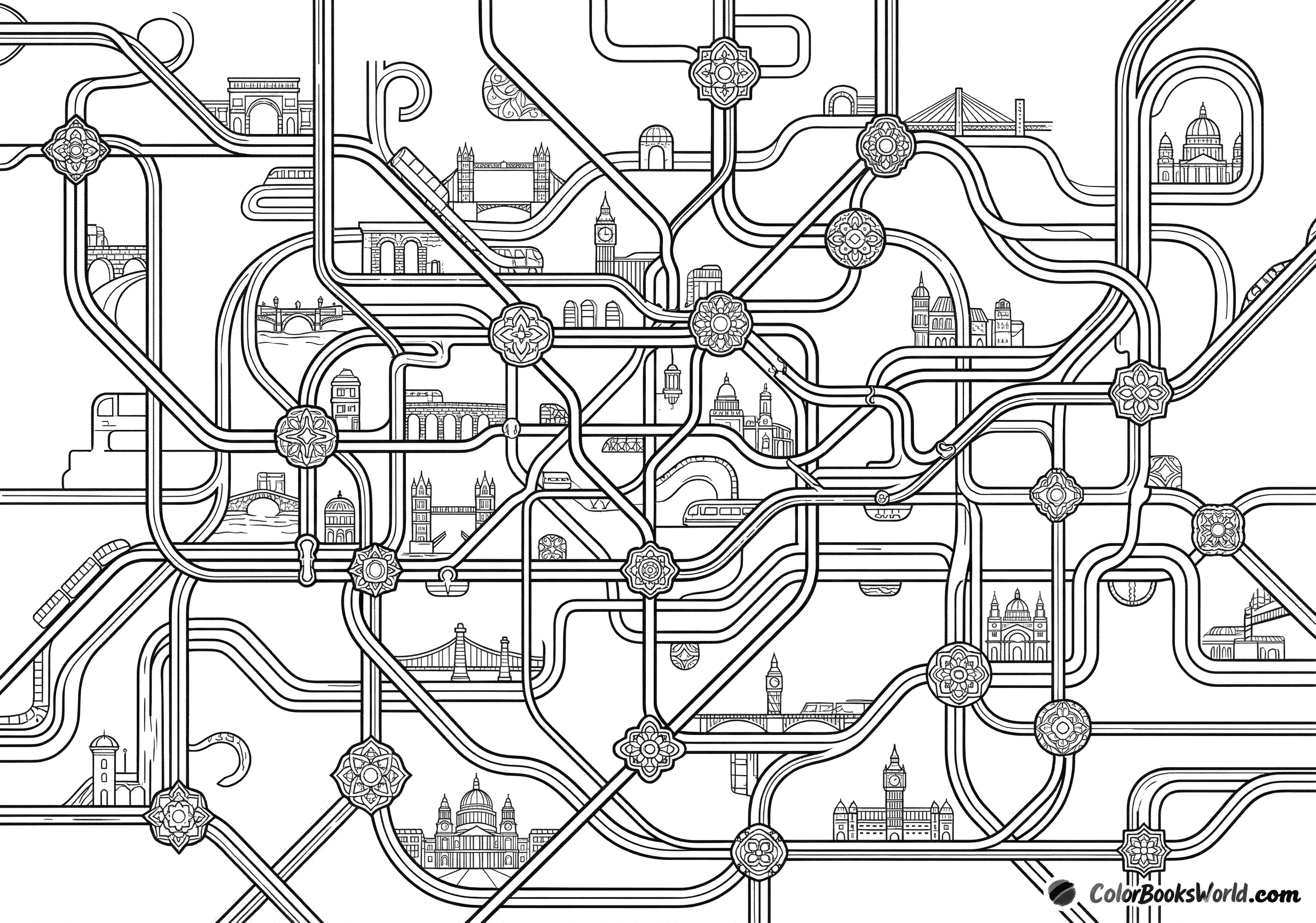 Intricate subway map line art with interweaving tracks, ornate station medallions, and architectural vignettes.