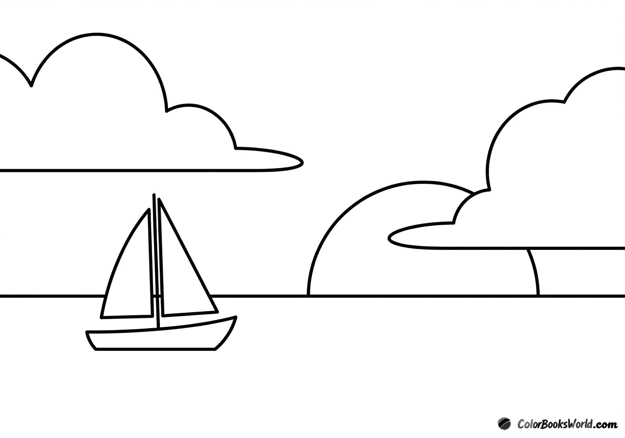 Line art sailboat on the horizon at sunset, with a large sun and rounded clouds over calm sea.