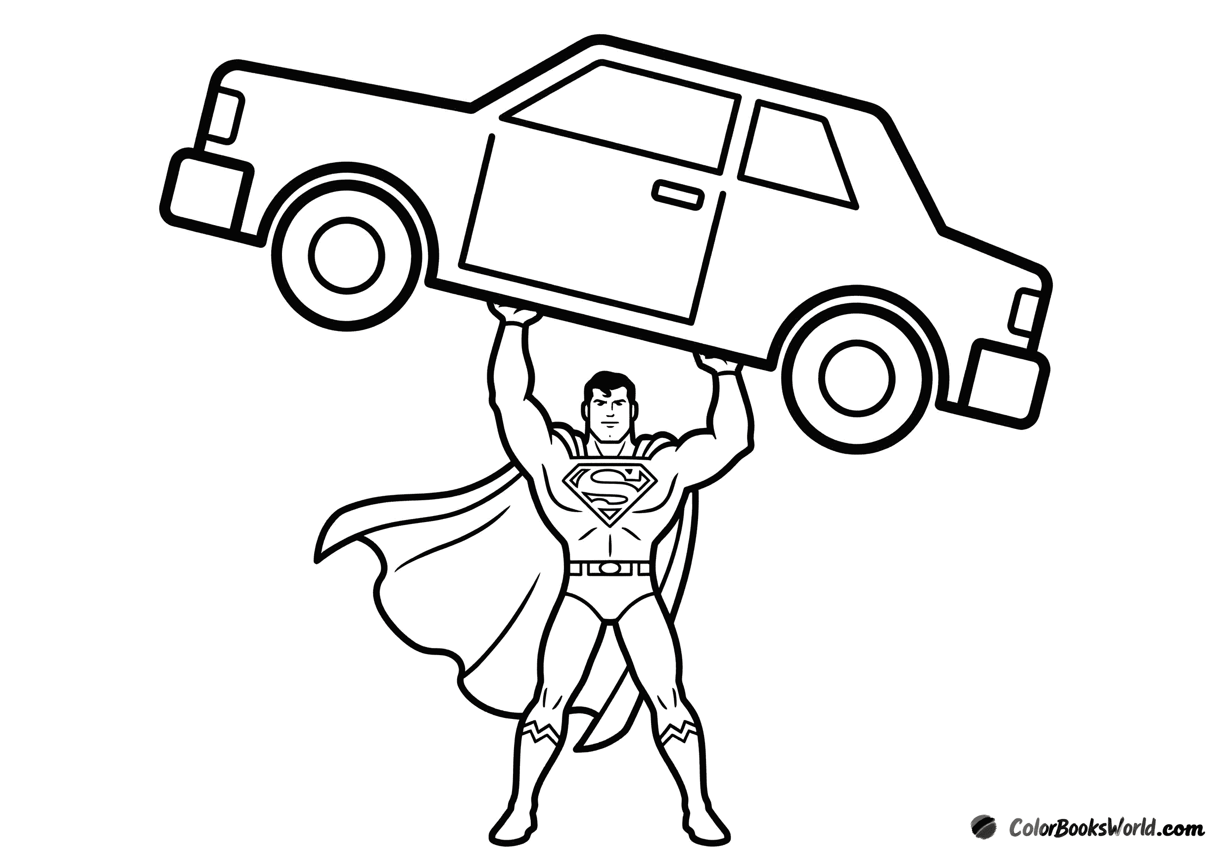 Superman lifts a car above his head, showing his strength in a heroic rescue pose.